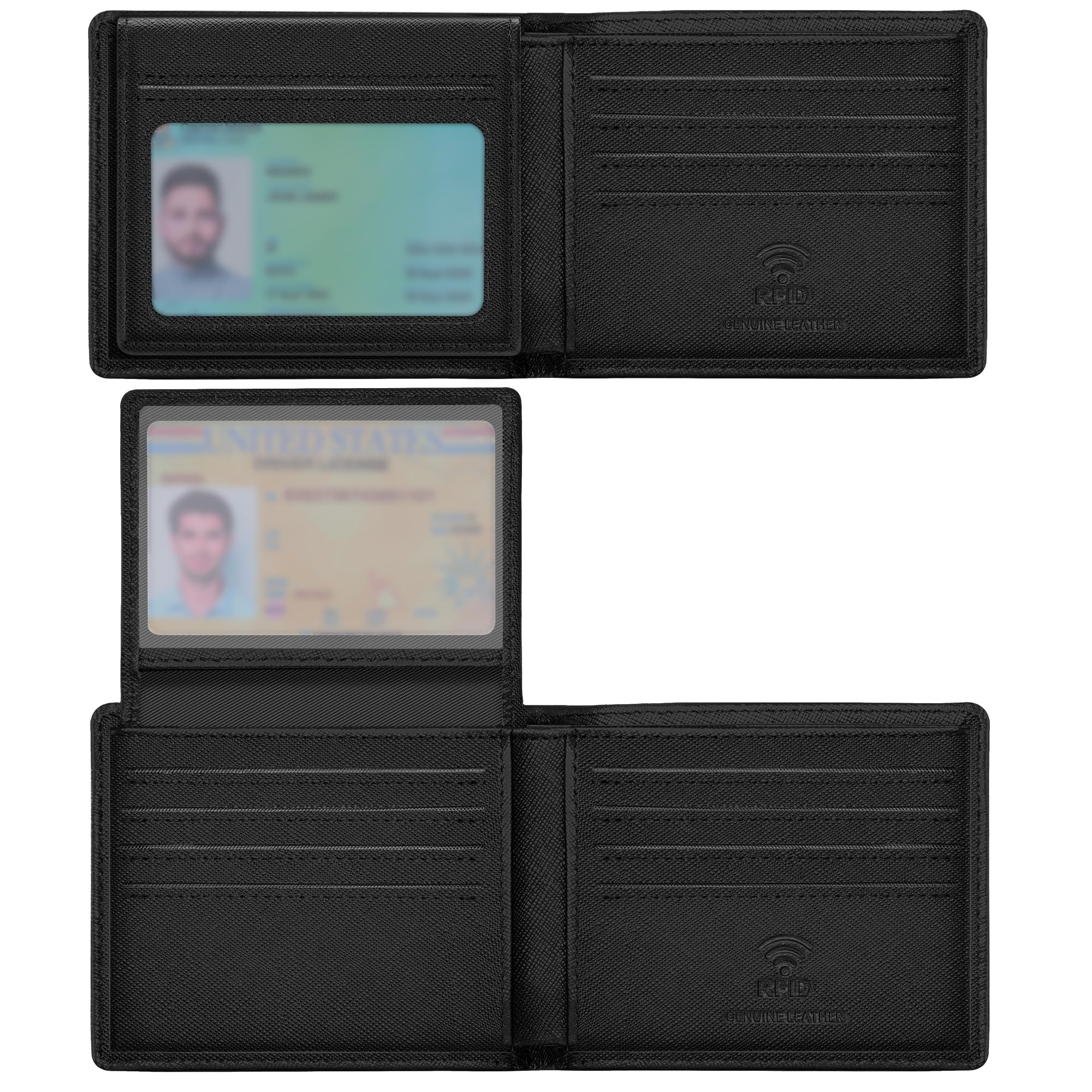 Travelambo Genuine Leather Wallet for Men with Gift Box - Handmade Bifold Stylish - Mens Wallets Rfid Blocking with 2 ID Windows, Cross Texture Black, 4.5“x3.5”, Minimalist