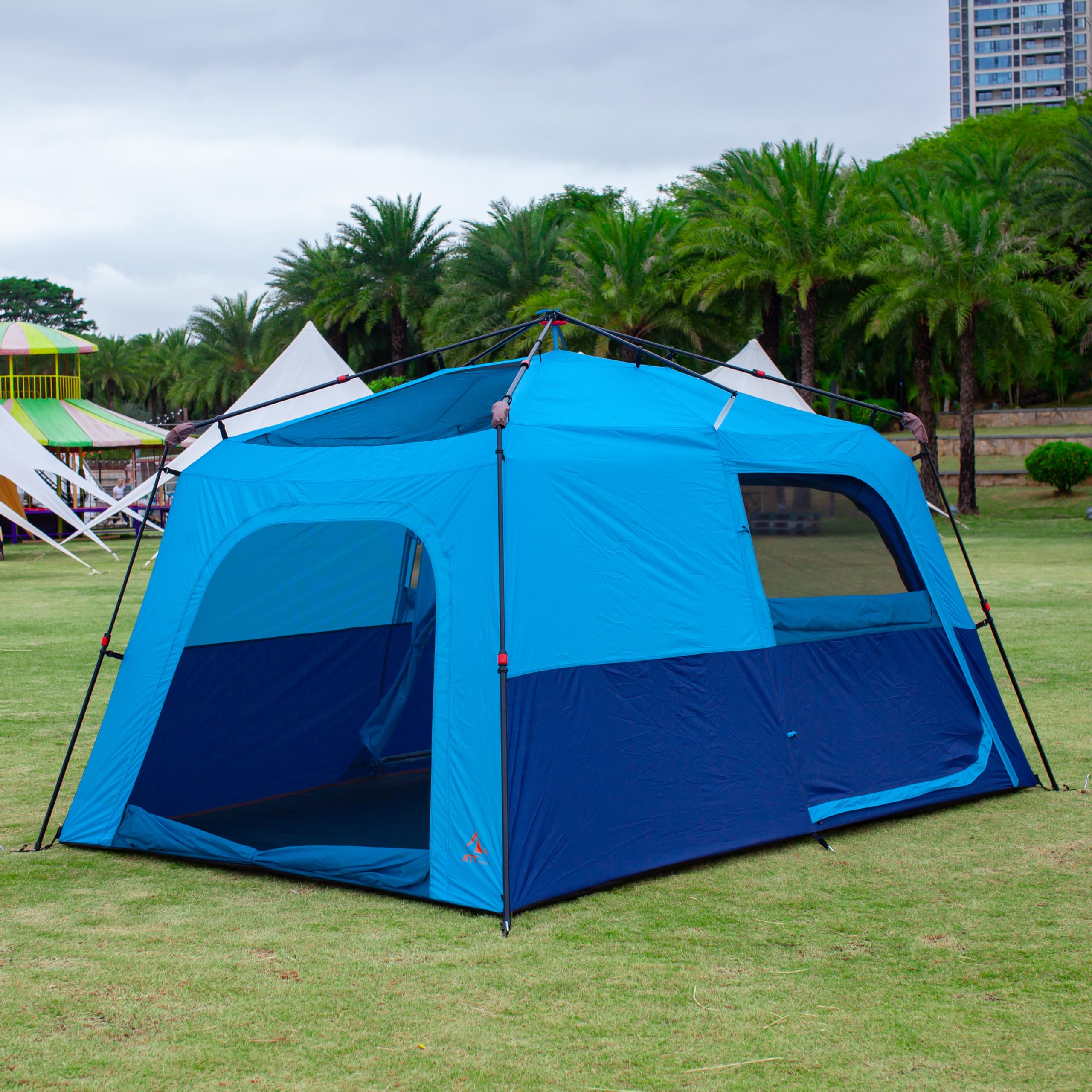 KTT Instant Tent 6-8 Person C,Large Family Cabin Tents,Automatic Tent Build Quickly in 60S,2 Rooms,2 Top Windows,3 Doors and 3 Windows with Mesh,Waterproof,Big Tents for Outdoor,Picnic,Camping(Blue)