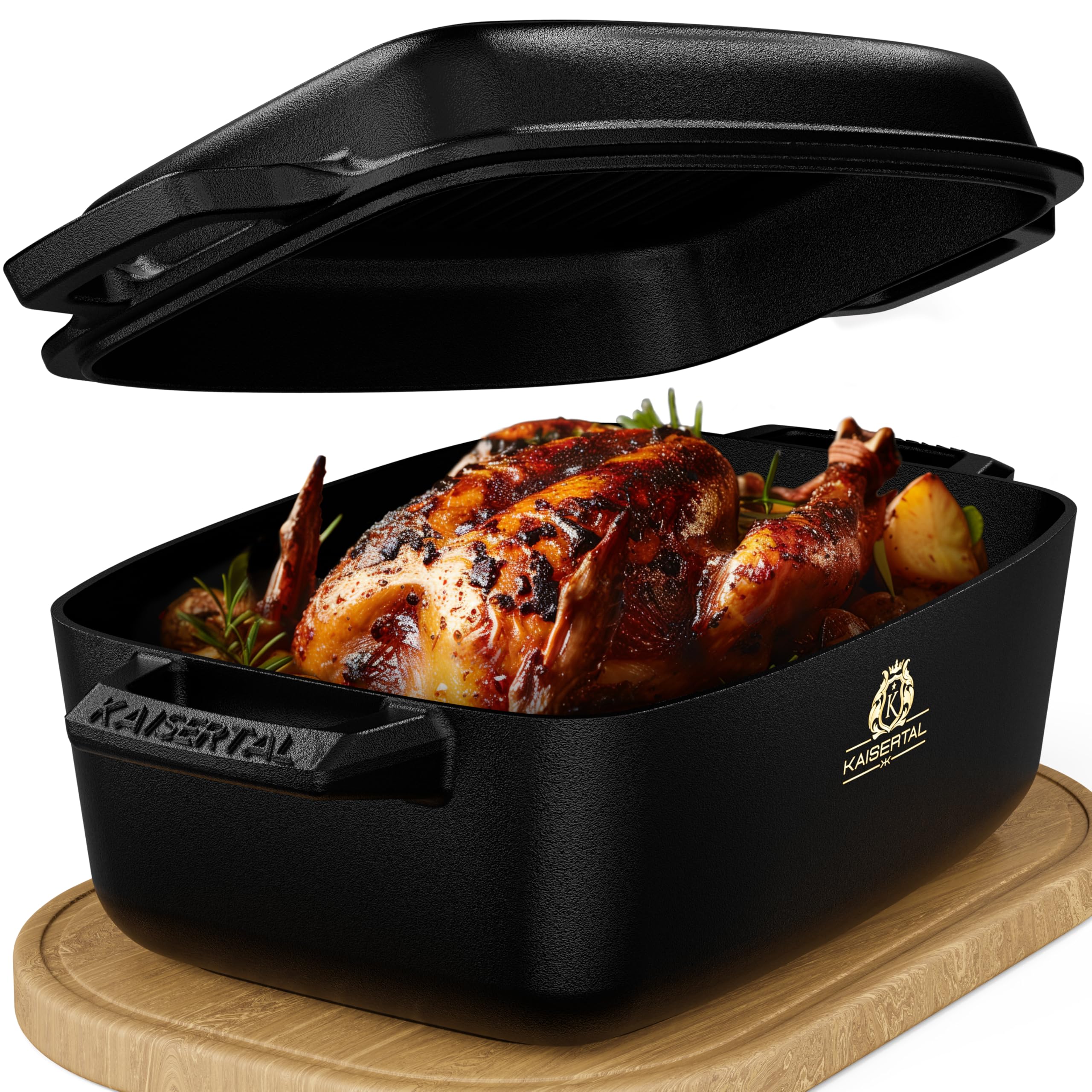KAISERTAL Gusseisen Bräter mit Deckel backofengeeignet – 28cm Schmortopf mit Deckel | Backofengeeignet, Induktion, Indoor & Outdoor | 7kg Gusseisen-Topf 6L – Cast Iron Pot für Bräter & Schmortöpfe