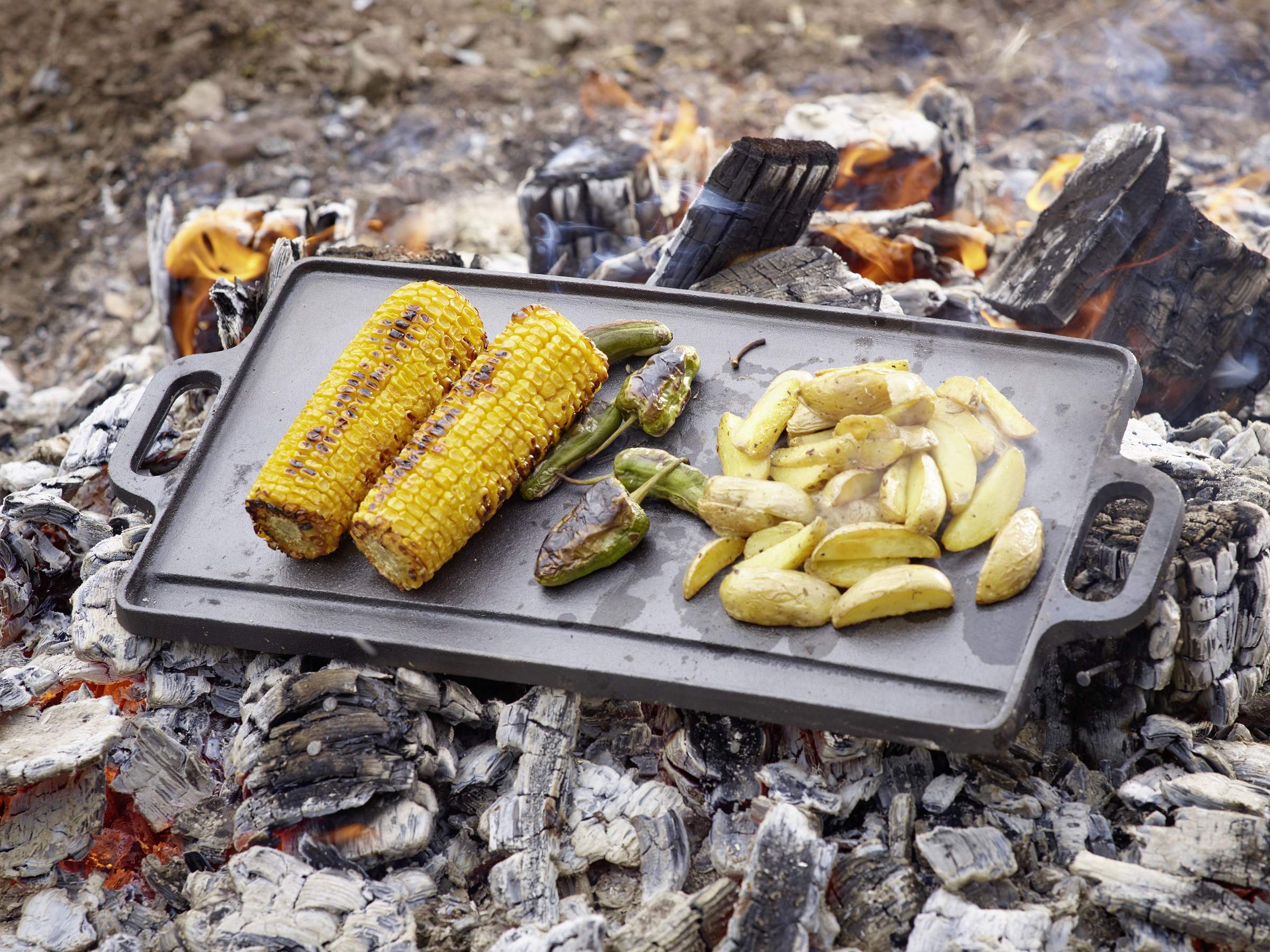 ECHTWERK Piastra grill BIG 50,5 × 23 × 1,5 cm in ghisa con 2 manici e rivestimento in smalto, padella/piastra grill per caminetti, falò, forno o fornelli