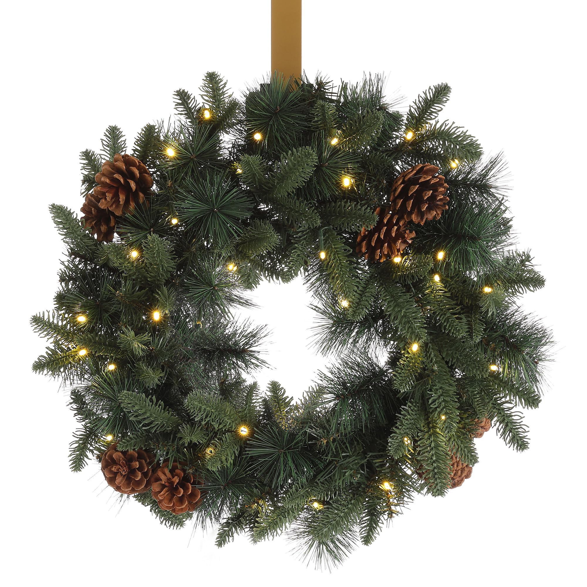 MeisterHome ® Künstlicher Weihnachtskranz Adventskranz für Tür Ø 50 cm - Weihnachtlicher Türkranz für Innen und Außen mit 35 LEDs, Timer und Kiefernzapfen-Beeren-Dekoration + Goldfarbener Aufhänger