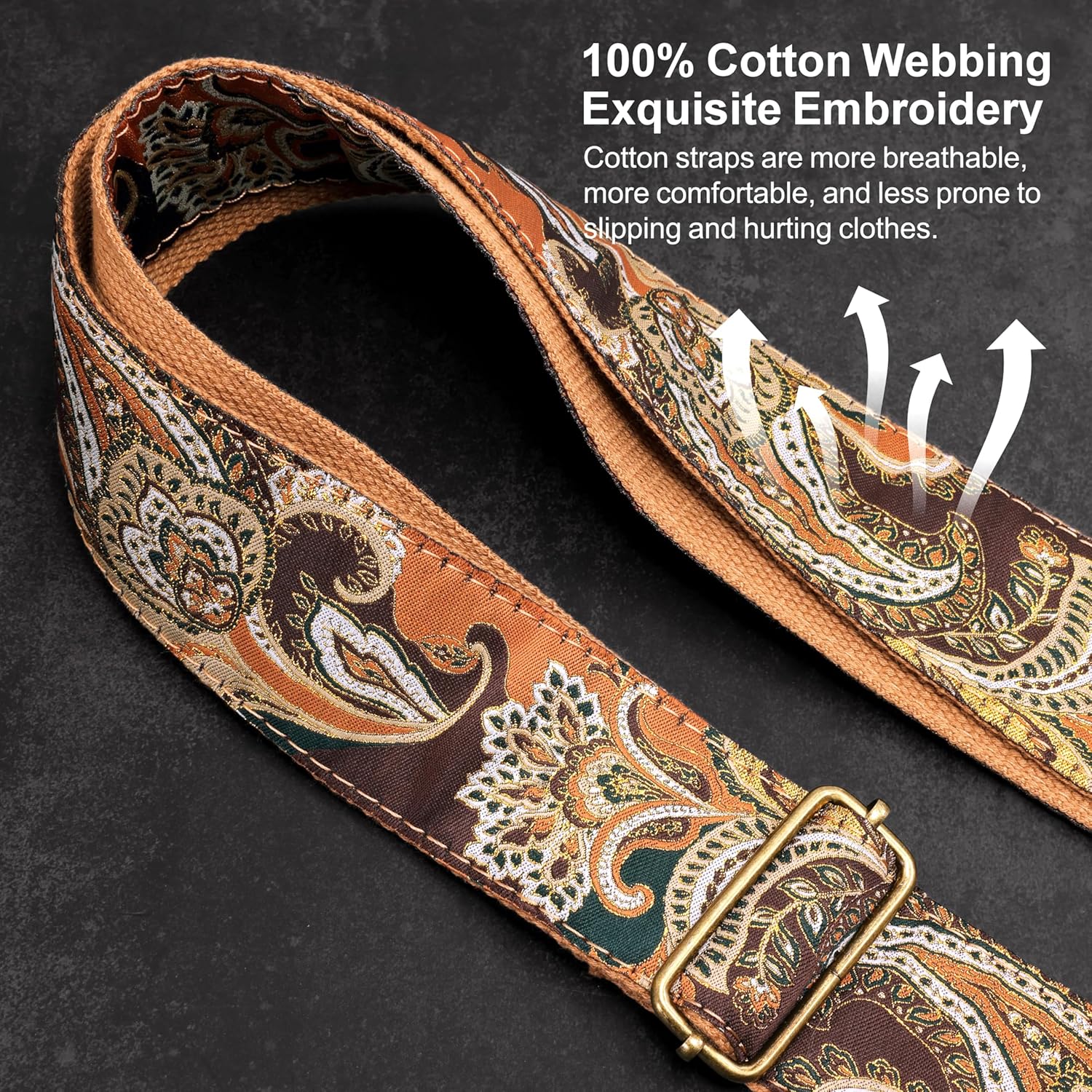 Nefelibata Guitar Strap,Crazy Horse Leather Jacquard Embroidery Cotton Guitar Straps for Bass, Electric & Acoustic, Best Gifts for Guitarists(Golden Silk Brown Flower)
