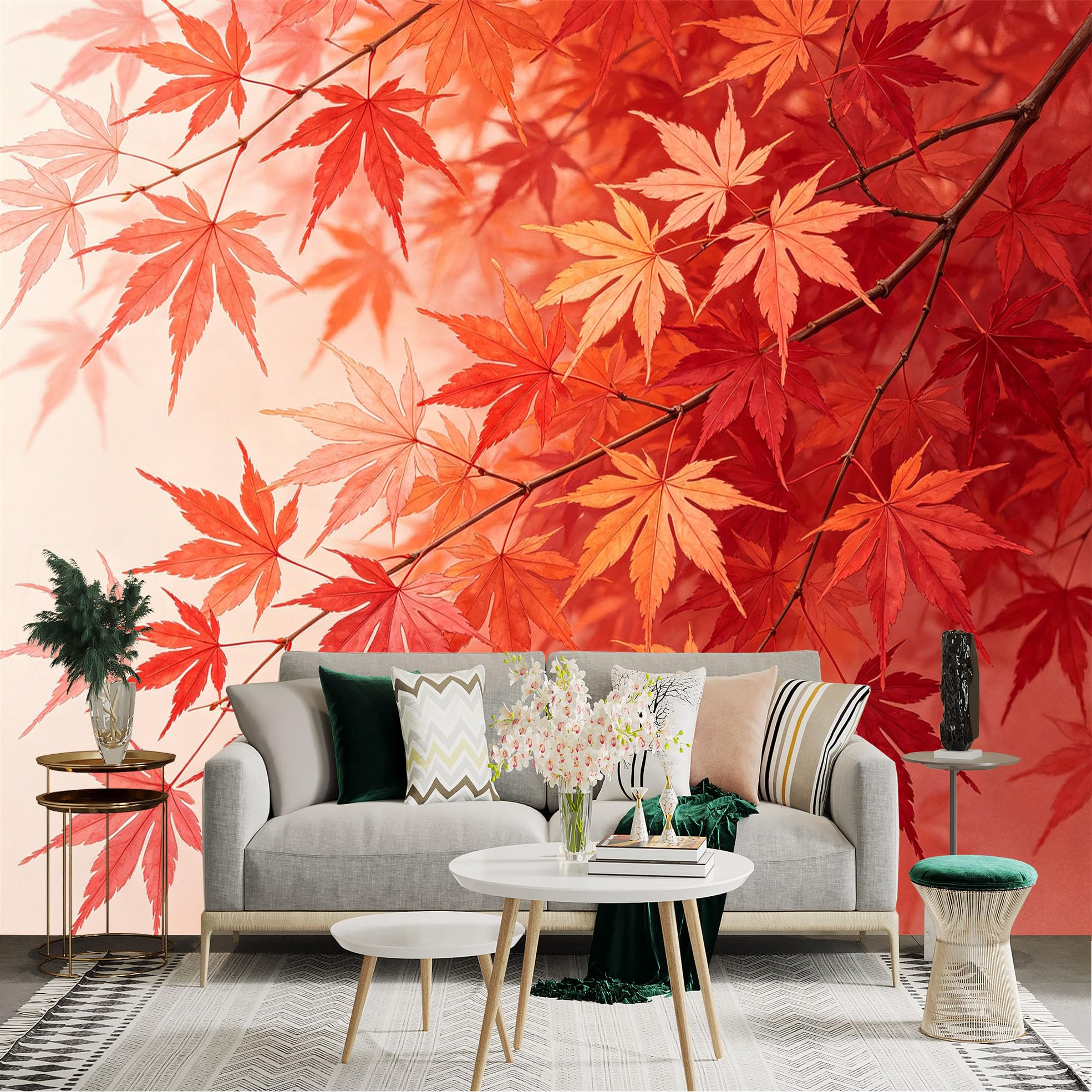 Lnzczhyre Dbh260521682 Custom Size Wall Sticker Mural， Vibrant Red Maple Leaves， Autumn Forest Foliage， Seasonal Botanical Decor， Elegant Fall Branch Pattern， For Wall Decoration， Peelandstick Wall Decals.