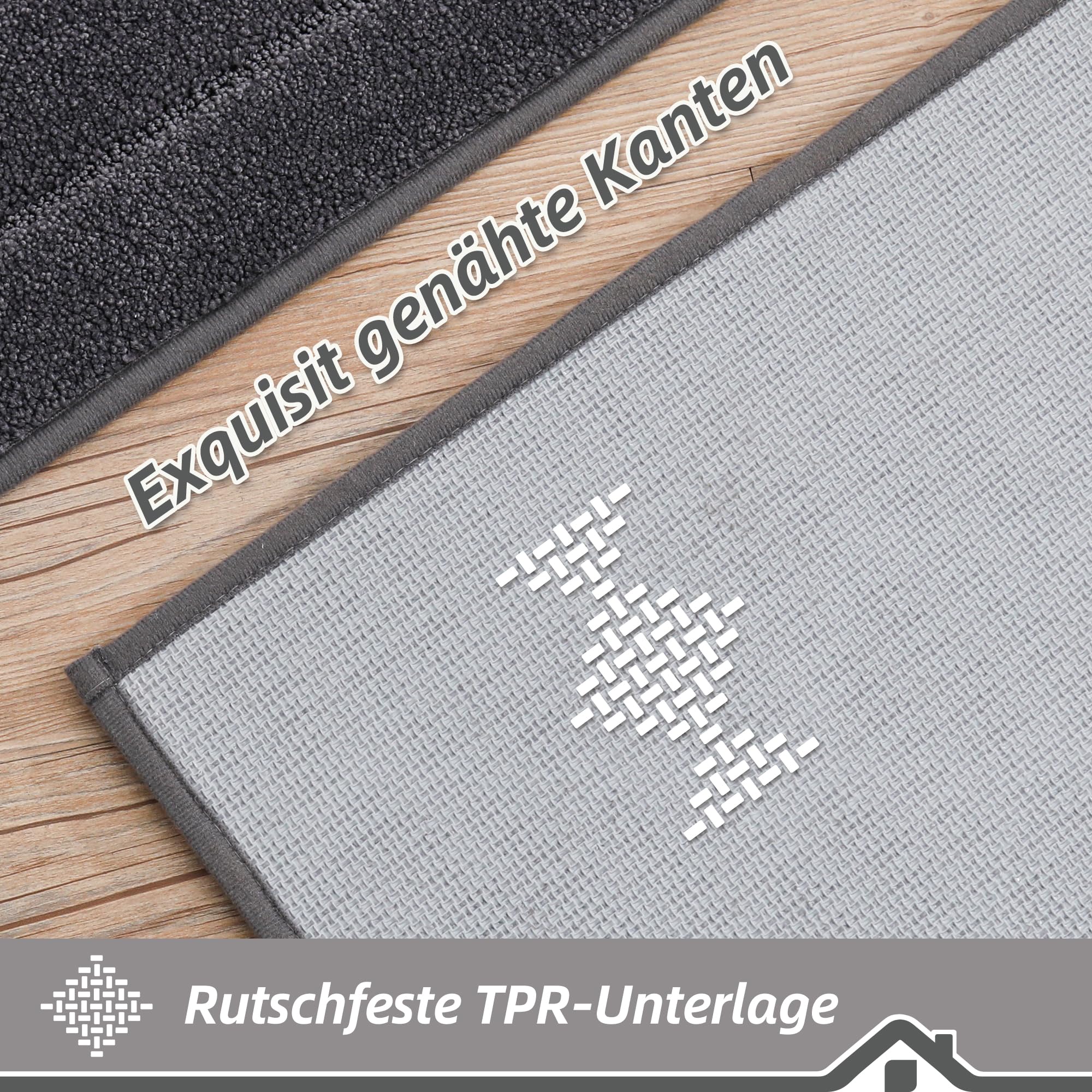 BEQHAUSE Küchenteppich 2 Stück rutschfeste, Maschinenwaschbare Küchenmatten, Saugfähige, Weiche Küchenläufer für Küche, Esszimmer, Dunkelgrau, 50X76cm+50X122cm