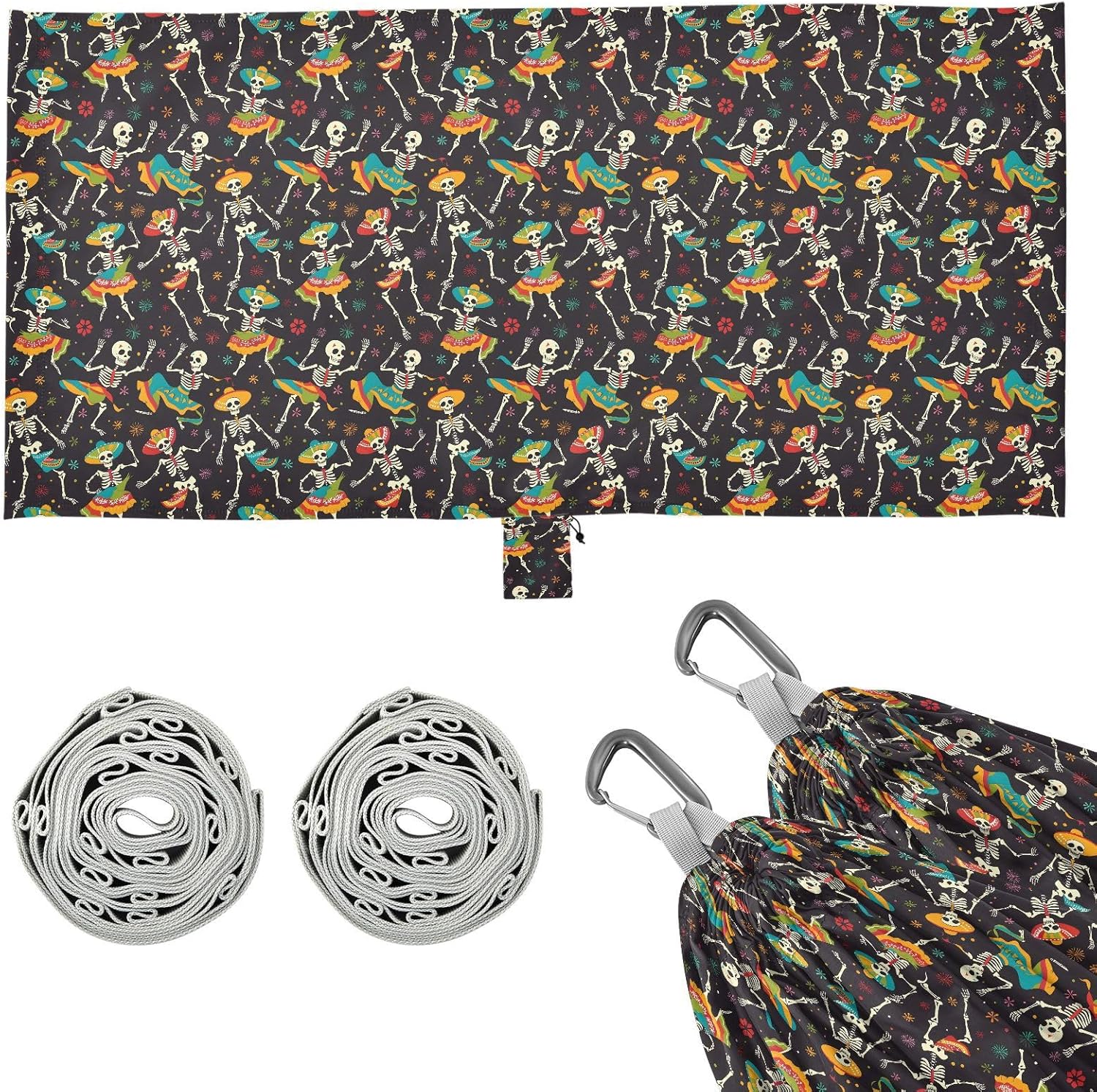 ALAZA Suagr Skulls Day of Dead Camping Hammocks Single or 2 Person 500 lbs Portable Parachute Travel Hammock w/Tree Straps for Hiking Backpacking Indoor Outdoor