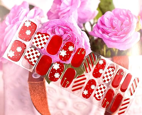 Miniatura 5 de Envolturas de uñas gratis con luz de lámpara de gel de Navidad, copos de nieve rojos y blancos, calcomanías de esmalte de uñas, tiras de uñas