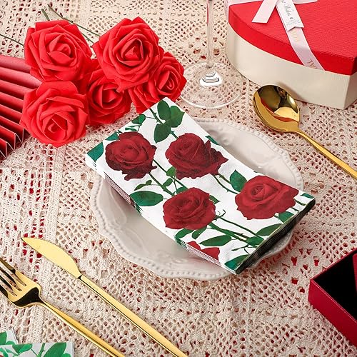 Miniatura 2 de Zonon 50 servilletas de papel desechables con diseño de rosas para invitados, para cena de San Valentín, servilletas de mano decorativas para