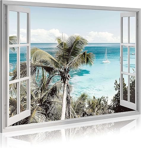 Lienzo decorativo para la pared de la ventana de la playa imagen costera del océano, impresión de palmeras tropicales sobre pintura costera de