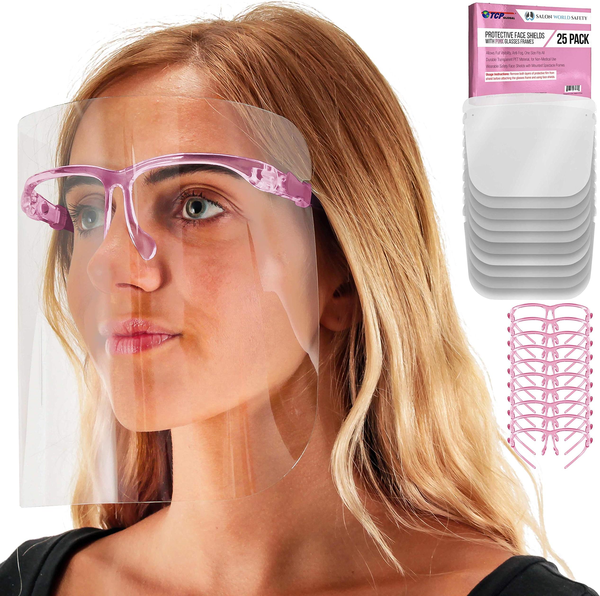 TCP GlobalSalon World Safety Face Shields with Pink Glasses Frames (Pack of 25) - Ultra Clear Protective Full Face Shields to Protect Eyes, Nose, Mouth - Anti-Fog PET Plastic, Goggles