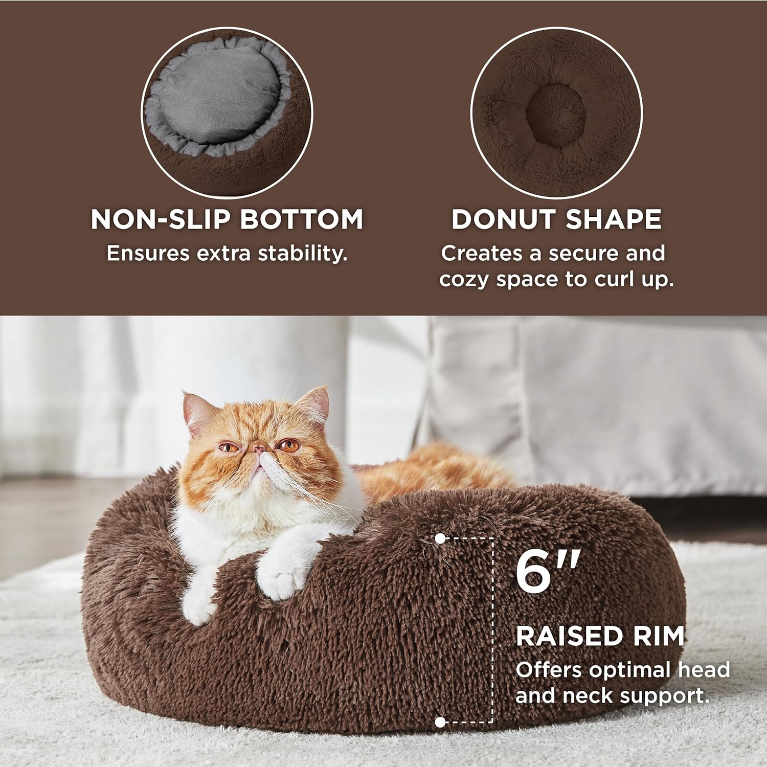 bedsure calming cat beds for indoor cats - small cat bed washable 20 inches, anti-slip round fluffy plush faux fur pet bed, fits up to 15 lbs pets, coffee 20"l x 20"w x 6"th coffee