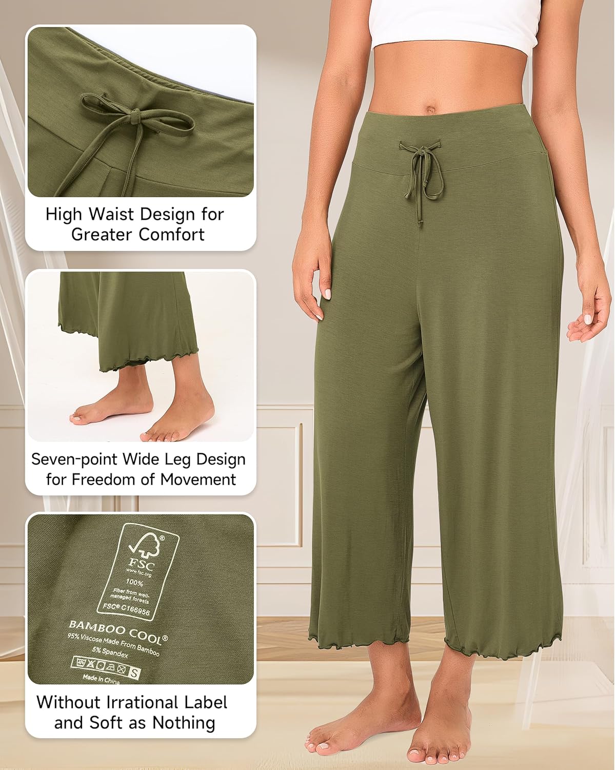 BAMBOO COOL Women Pajama Pants High Waisted Wide Leg Lounge Sleep Bottoms Light Weight Casual Yoga Capri Pants - Image 3