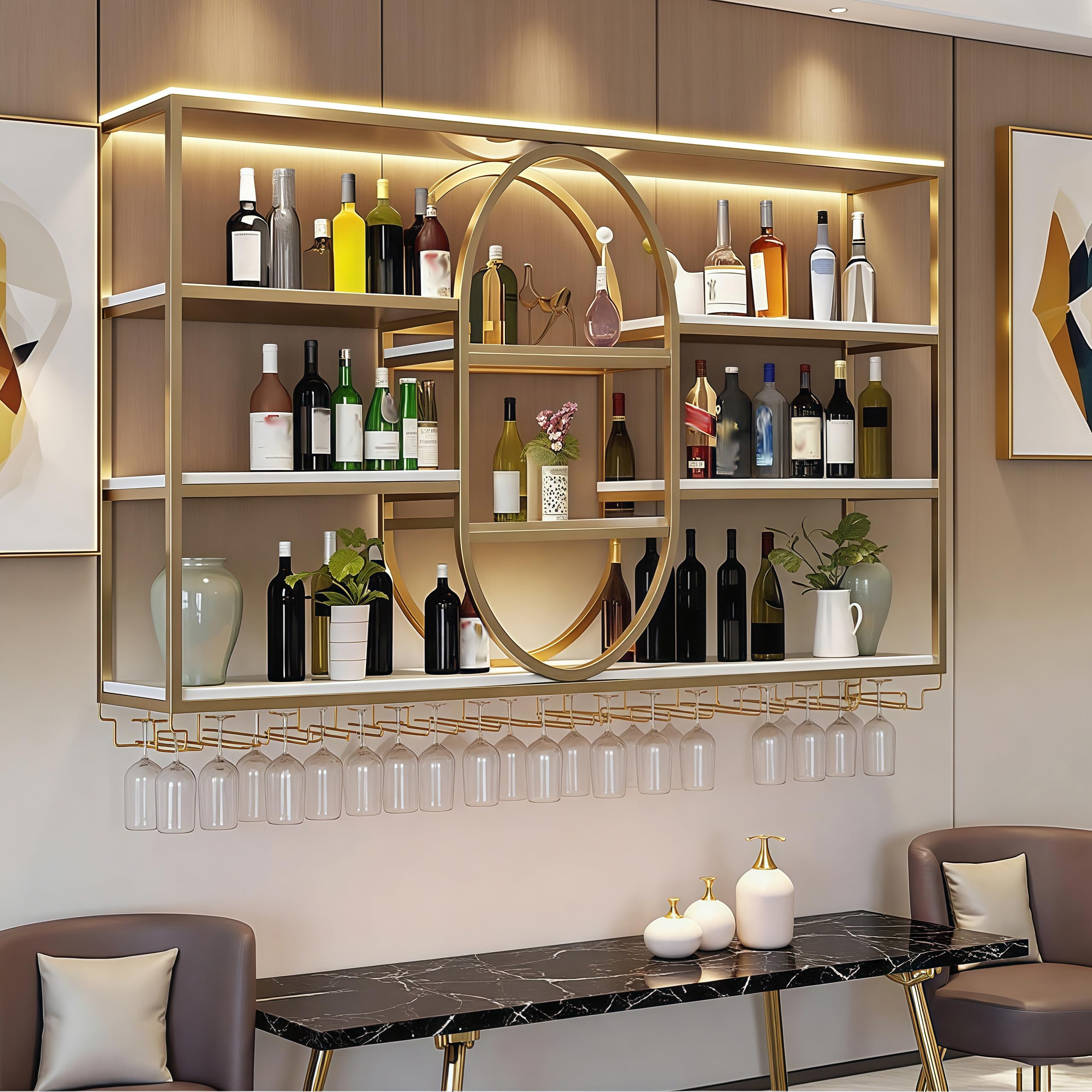 140CM Portabottiglie da parete grande, portabottiglie sospeso in metallo a 4 ripiani con ripiani per bicchieri, mensole sospese moderne per la decorazione di bar e sala da pranzo (Oro)