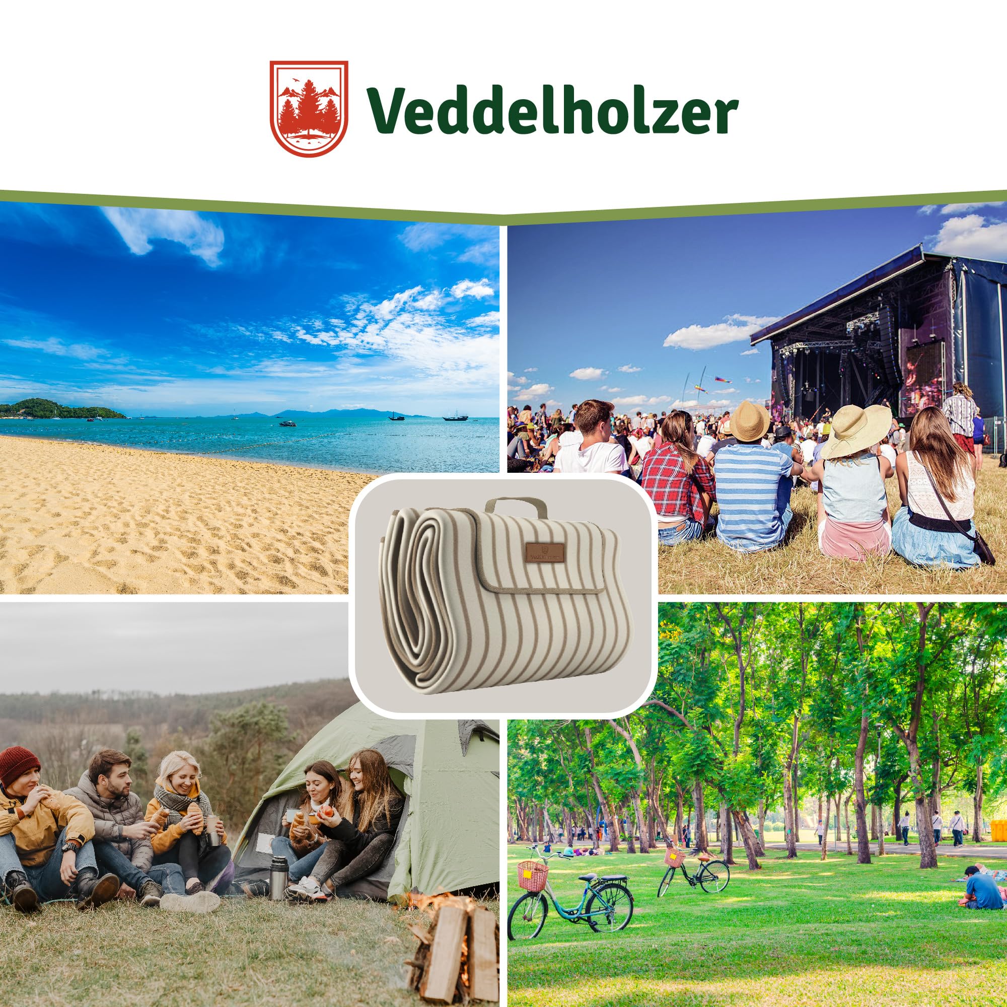 Veddelholzer 200 x 200 cm Beach Picknickdecke wasserdicht, sandfeste Stranddecke XXL isoliert & gepolstert Ideal für Outdoor, Camping, Strand, Park, Festival & Picknick Einfach faltbar & waschbar