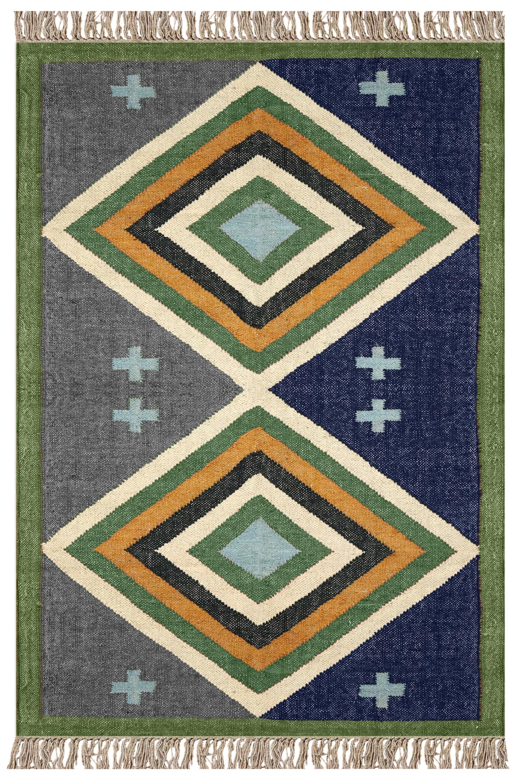 Tappeto quadrato reversibile per 1,5 m, reversibile, in lana, iuta, design geometrico, verde e blu, tappeto intrecciato a mano, spessore 0,5 cm, tappeto per interni ed esterni, per corridoio, sala da