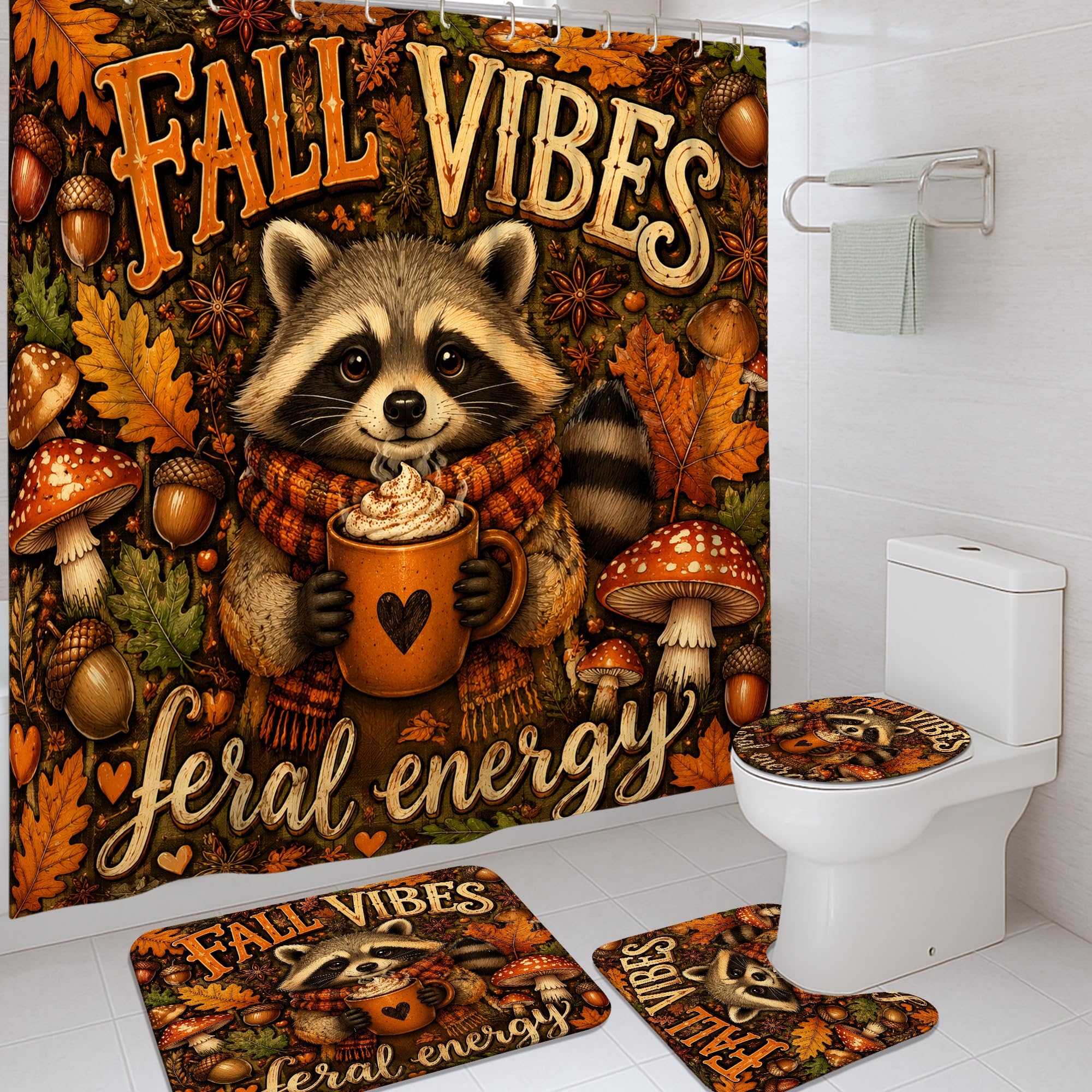 Rideaux de douche pour hôtel et maison set avec tapis design champignons orange