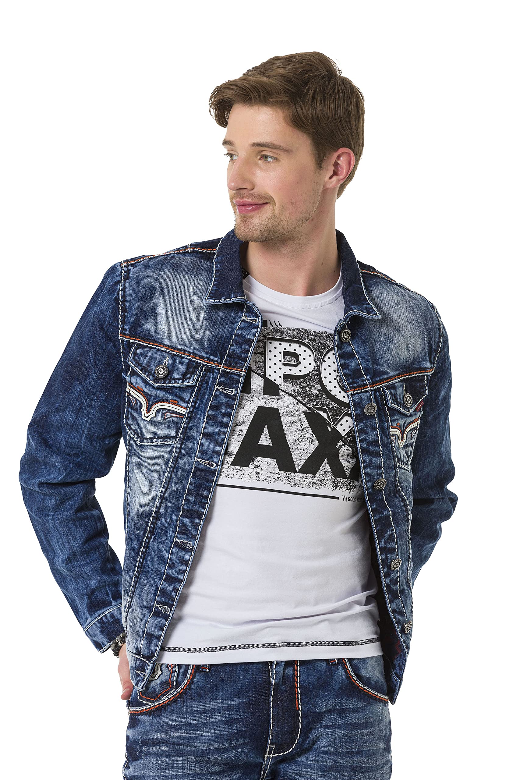 Cipo & Baxx Herren Jeansjacke Series – Klassische Denim, Leder, Sport Verschiedene Jackenmodelle – Knopf und Reißverschluss – Sweat-Kapuze und Sweatärmeln – mit Modernen Komfort-Details