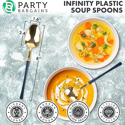 Miniatura 74 de Party Bargains Disposable Plastic Black Gold Cutlery Set, Infinity Modern Design Utensils, 40 Pack: 16 Forks, 8 Knives, 16 Spoons