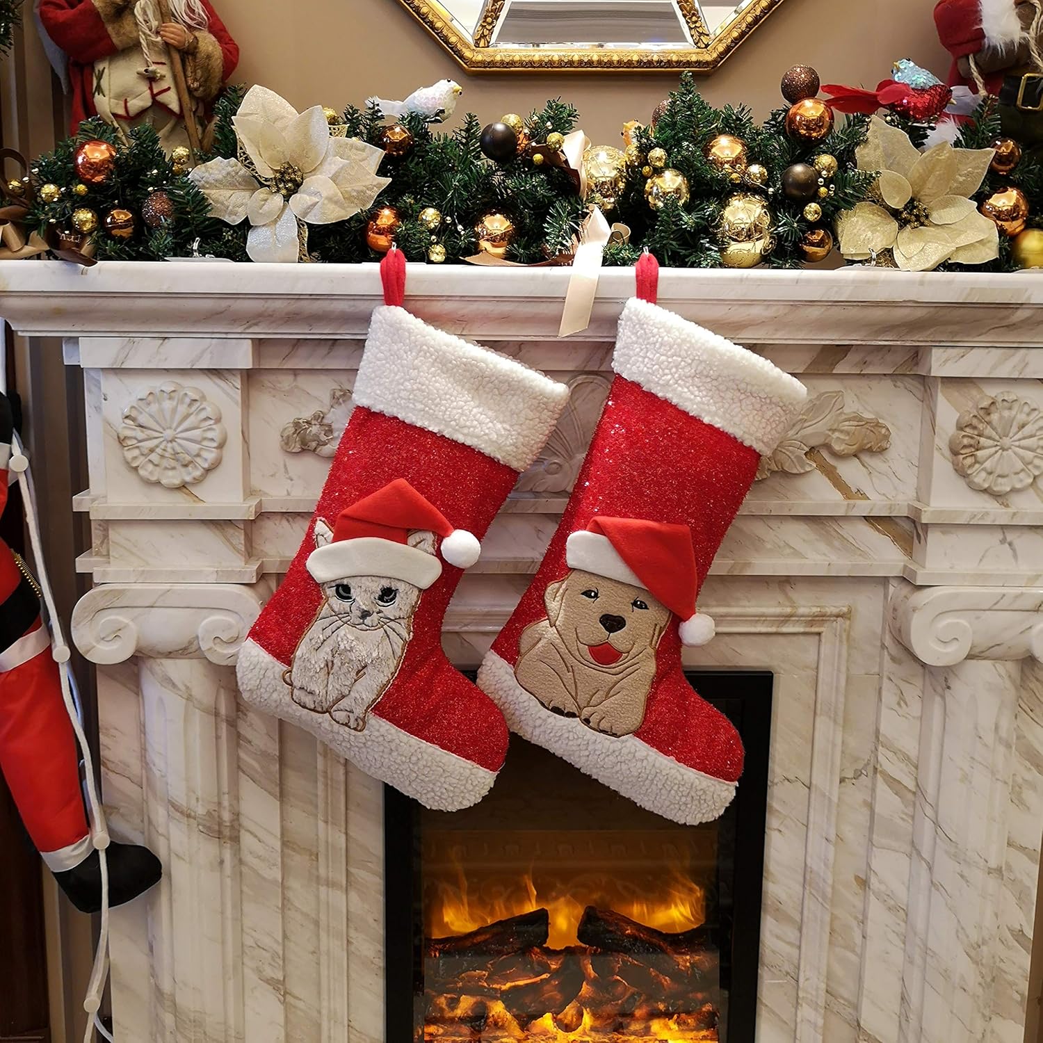 WEWILL 20'' Cute Cat Christmas Stockings Embroidered Xmas Socks Holiday Party Pet Theme Gift for Kitty