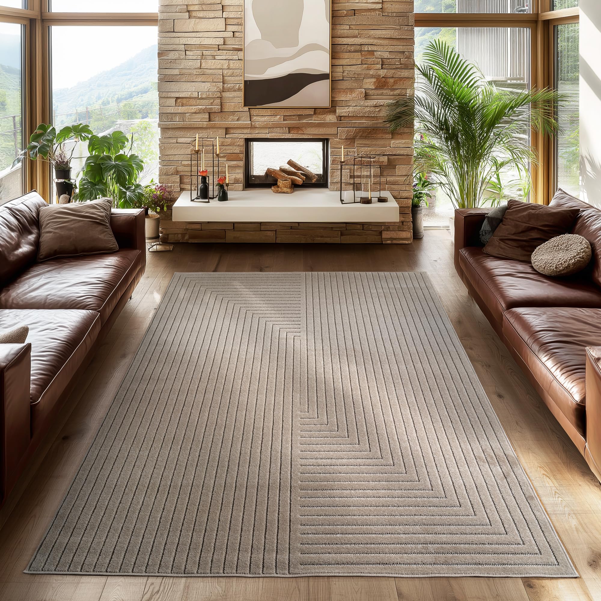 SIMPEX Kurzflor Teppich Wohnzimmer, Schlafzimmer, Küche, 3D Hoch-Tief-Effekt, Skandinavisch Boho Motiv, für Outdoor Bereich geeignet Terrassen oder im Balkon