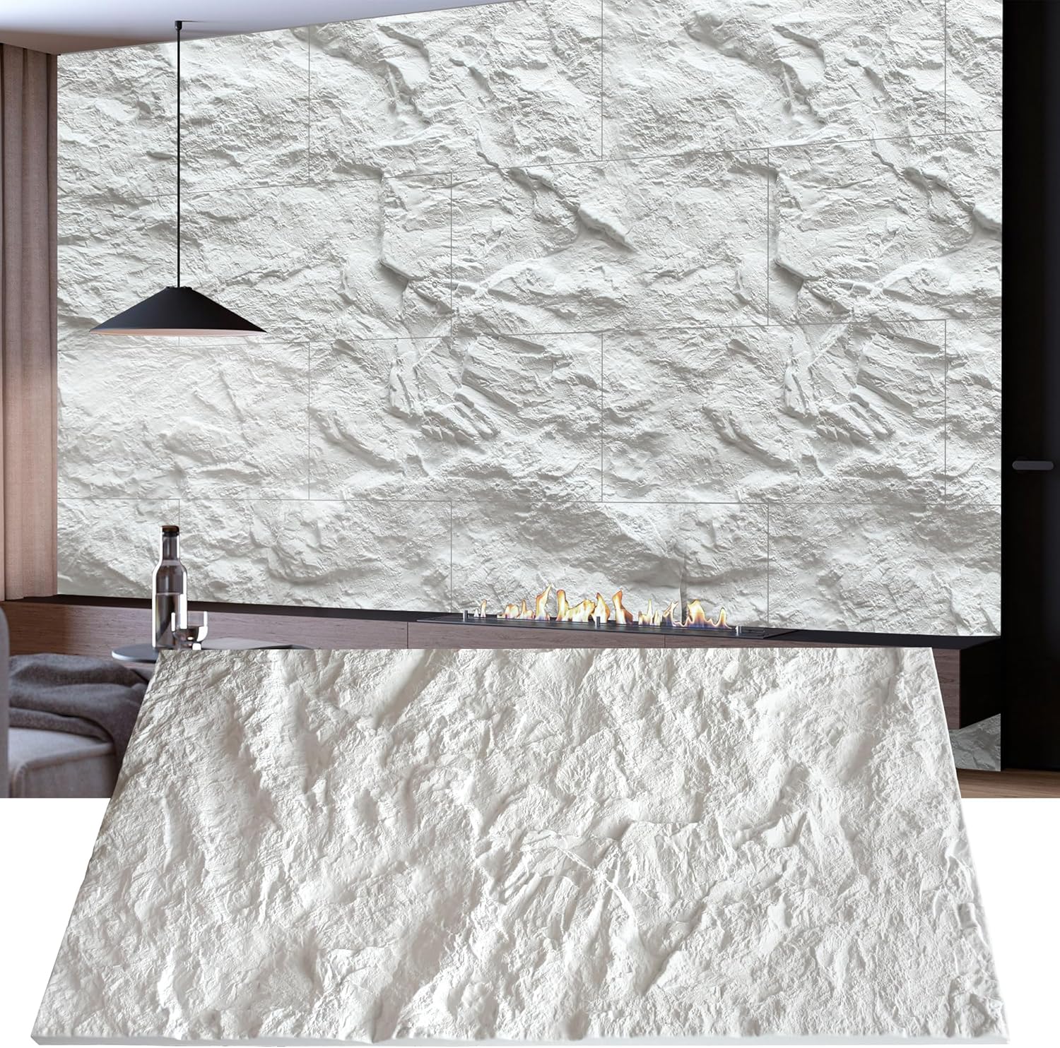 KASARO 3D Faux Stone Wall Panels, 4 PCS PU Wainscoting Panel for Interior Wall Decor, Cement Texture Thicker Accent for Home, Office, 43.3 × 23.6 inch, White Cement White