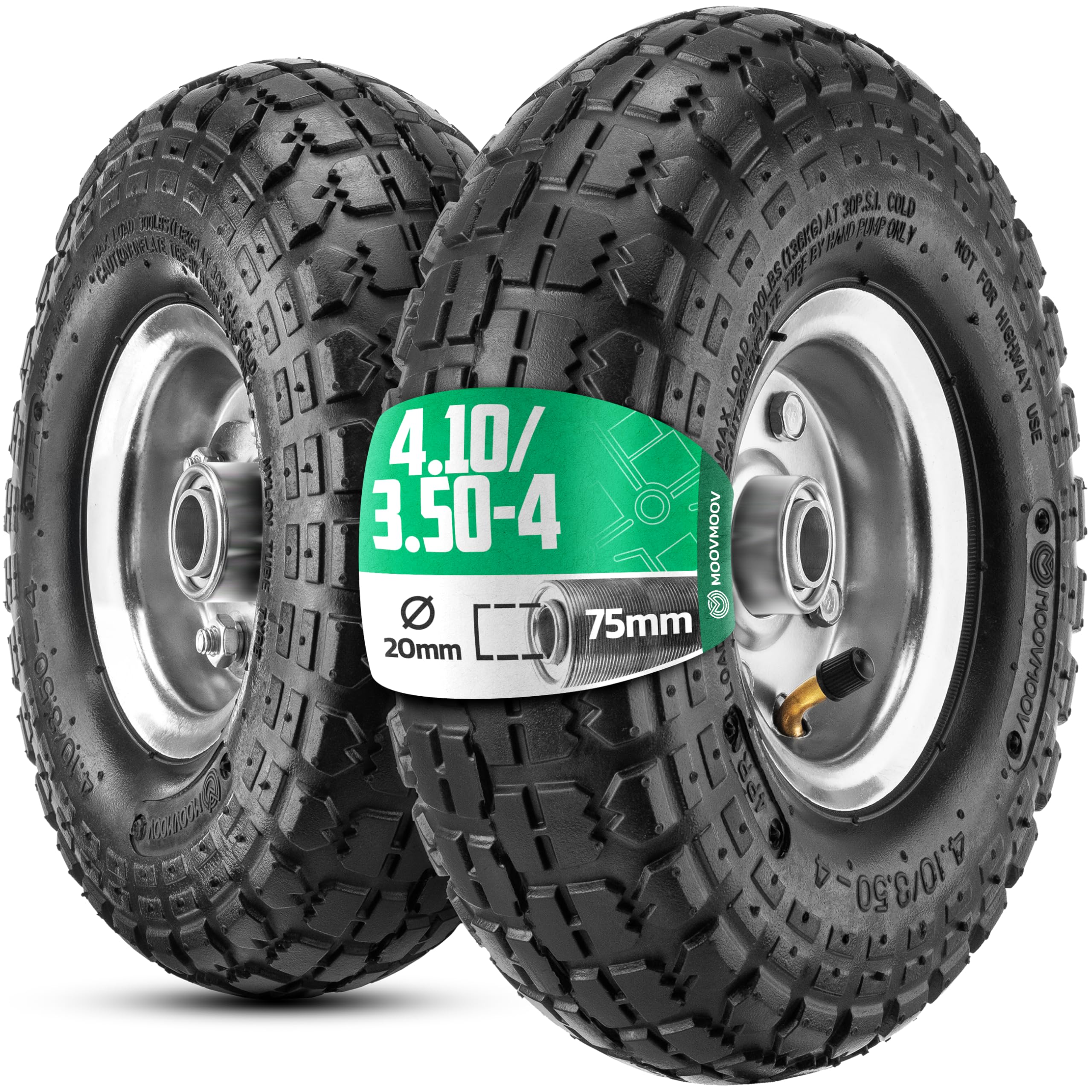 MOOVMOOV Rueda inflable 4.10/3.50-4 (x2) Diámetro de 20 mm, para carretilla, carretilla y carretilla. Rueda completa: neumático + cámara de aire con válvula acodada + llanta de acero con rodamientos