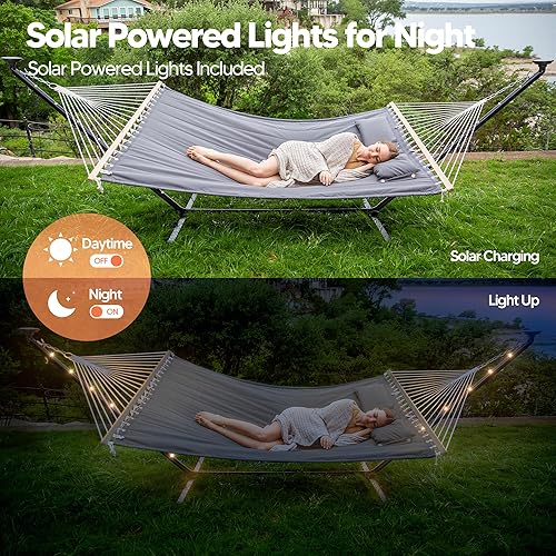 Miniatura 3 de SUNCREAT Hamaca doble con soporte de 12 pies, luces solares incluidas, hamaca al aire libre para exterior, gris oscuro