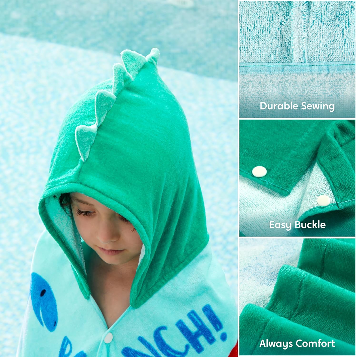 Joiedomi Dinosaur Hooded Towels for Kids Soft 100% Cotton Kids Beach Towel 30" x 50" for 3-10 Years Boy Girl Beach Hooded Poncho Absorbent Pool Toddler Swim Bath Wrap - Image 4