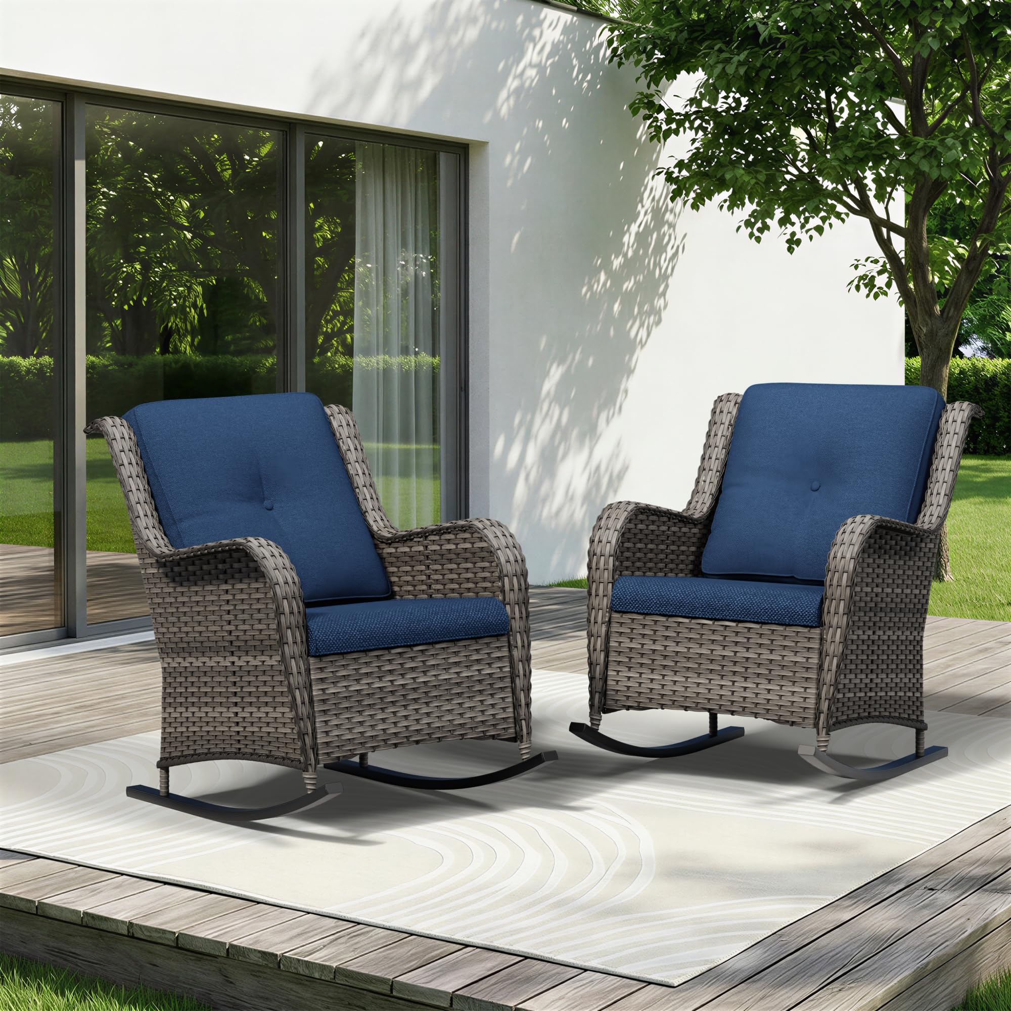 Patio Rocking Chairs Set of 2, Outdoor Wicker Patio Furniture Set 2 Pieces with Thickened Olefin Cushions, High Back and Deep Seating, Hand-Woven PE Rattan for Porch, Deck, Blue