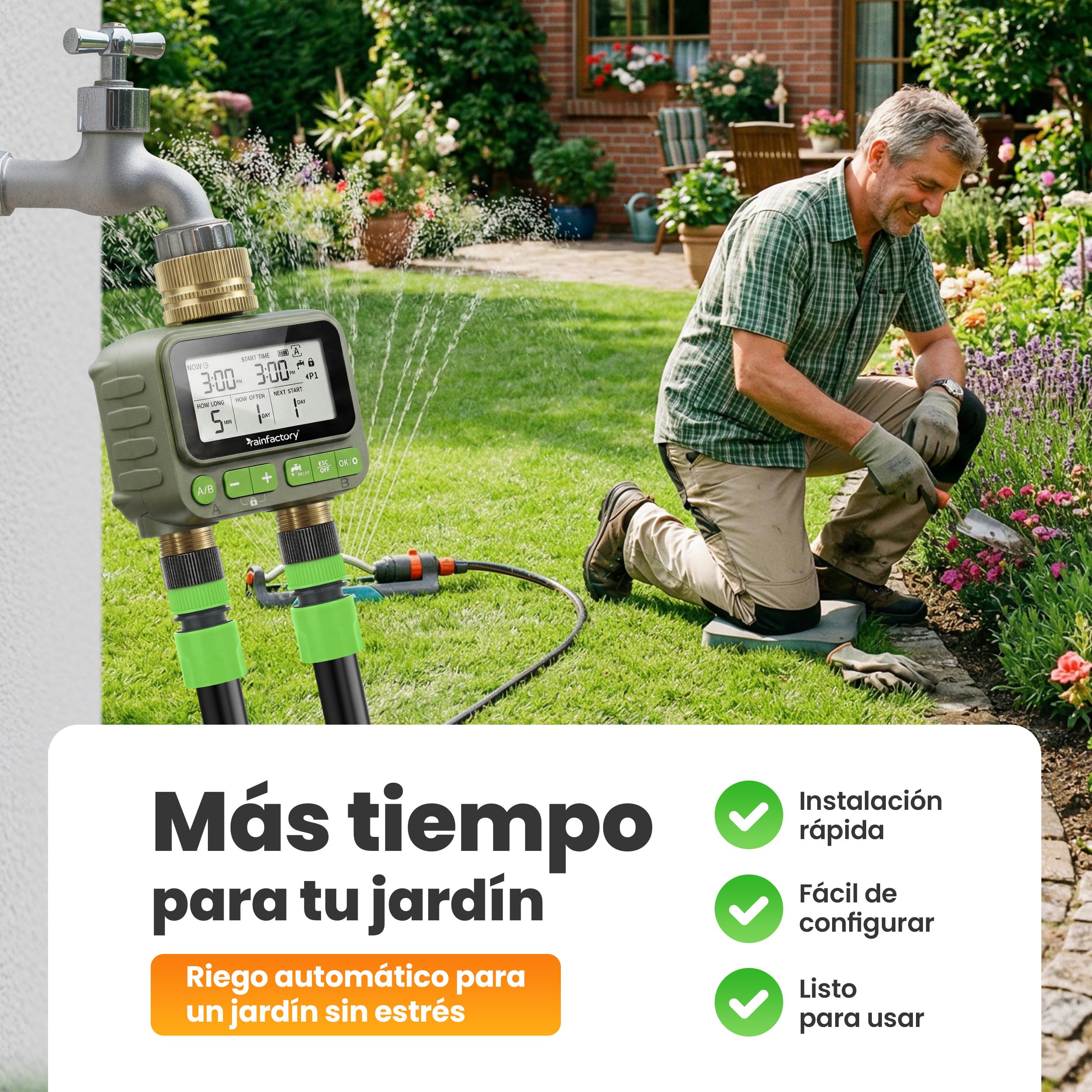 rainfactory - Programador de riego automático 2 Salidas, Temporizador riego a Pilas IP65 con Pantalla LCD, 4 programas, Manual, función delay, conexión ¾ para jardín, balcón, macetas y riego Goteo