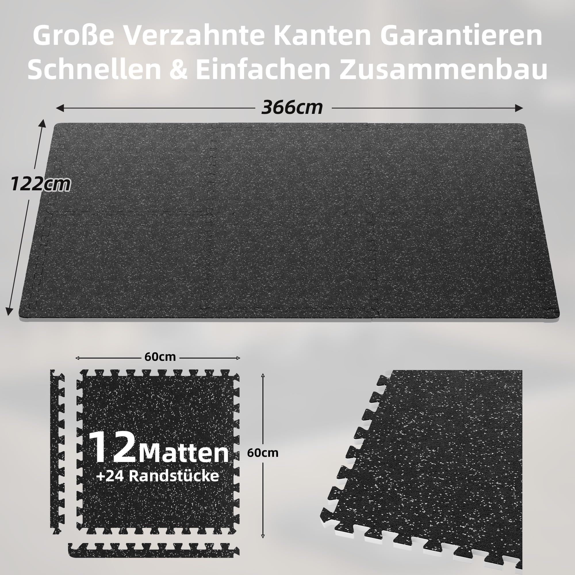 MDEAM Bodenschutzmatte 60x60x1,4 cm, 12 Matten Extra Dicke Gummierte Eva Puzzlematte, 4,32 m² Sportmatte Set rutschfest für Fitnessstudio Heimfitness, Schwarz & Weiß