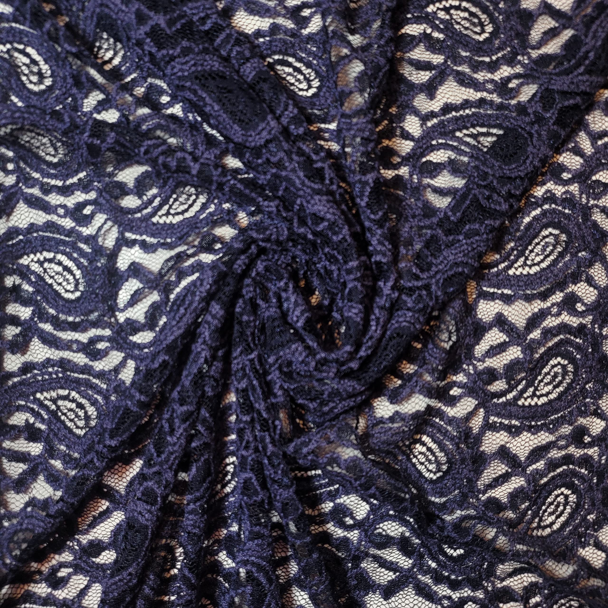 African Vintage Embroidery Bridal Nigerian French Embroidery Corded Budget Guipure Lace Mesh Net Fabric 54" Corded Budget Guipure Lace Mesh Net Fabric 54" (2 Meter, Navy Paisley) — image 1