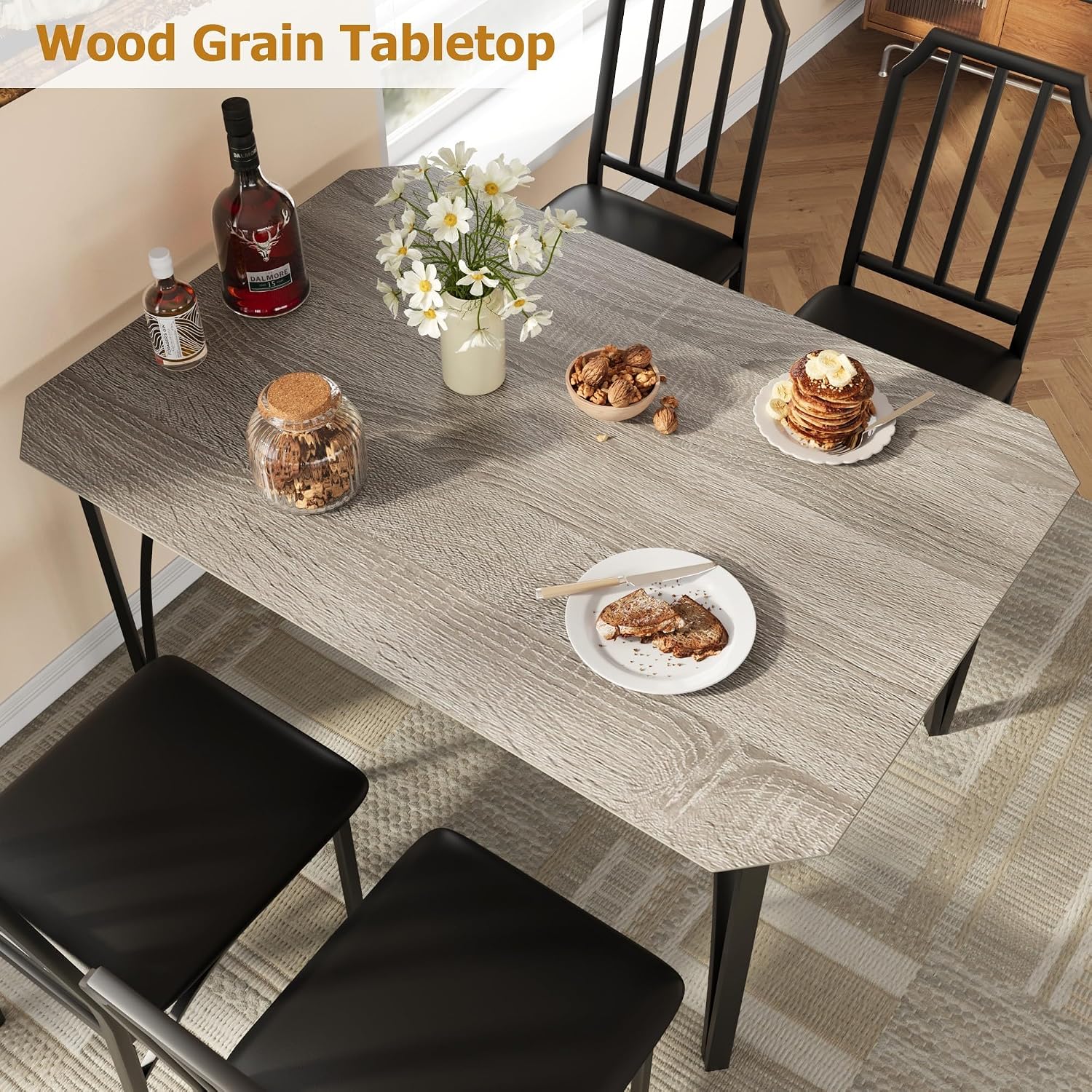GAOMON Dining Table Set for 4, Rectangular Kitchen Table and Upholstered Chairs for 4, 5 Piece Dining Room Table Set with Chamfer Design, for Kitchen Room, Home, Apartment Easy Assembly (Rustic Gray)
