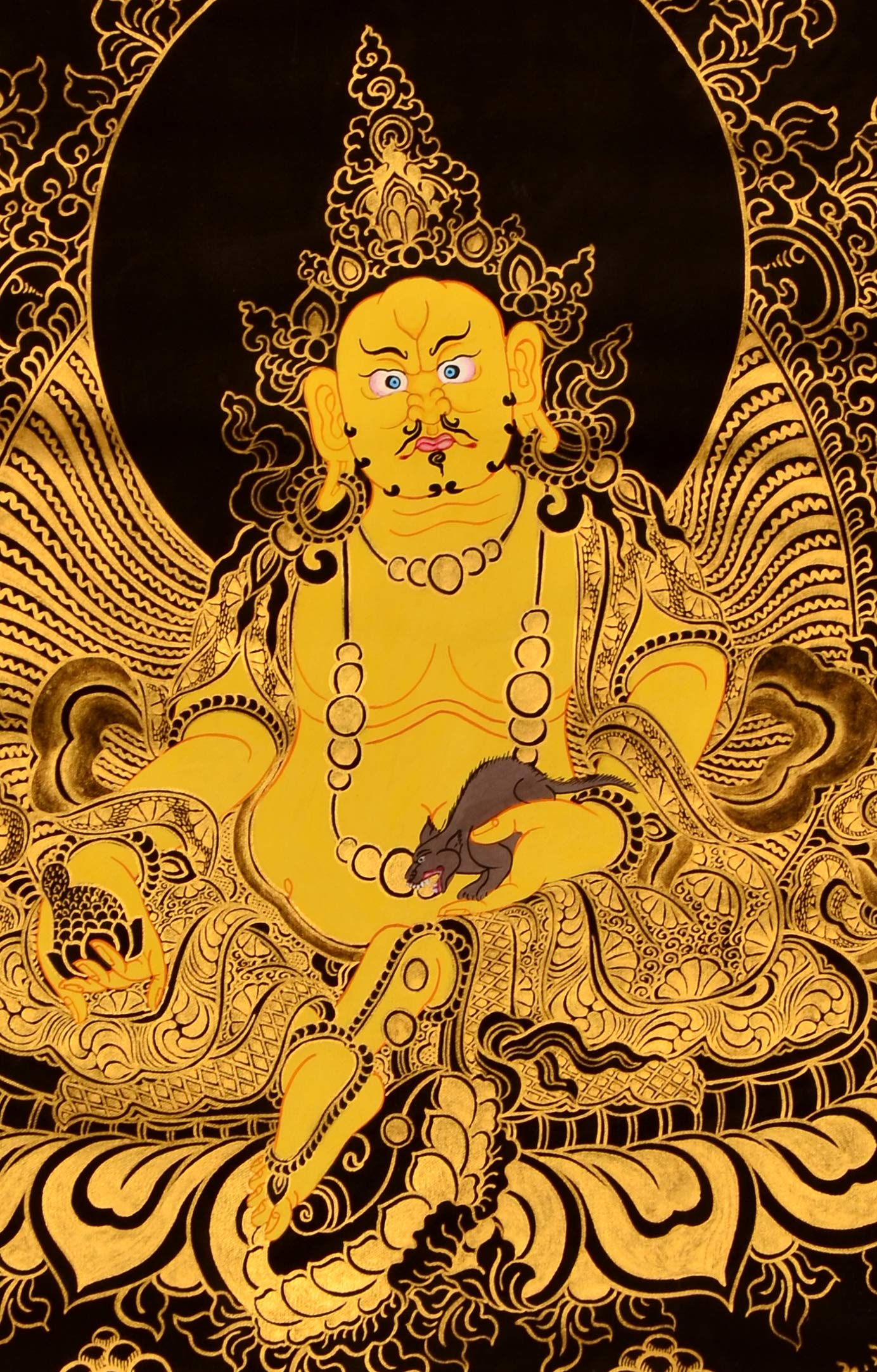 Thangka Jambhala - Kubera golden 78 cm x 106 cm handbemalt im original tibetischen Brokatrahmen