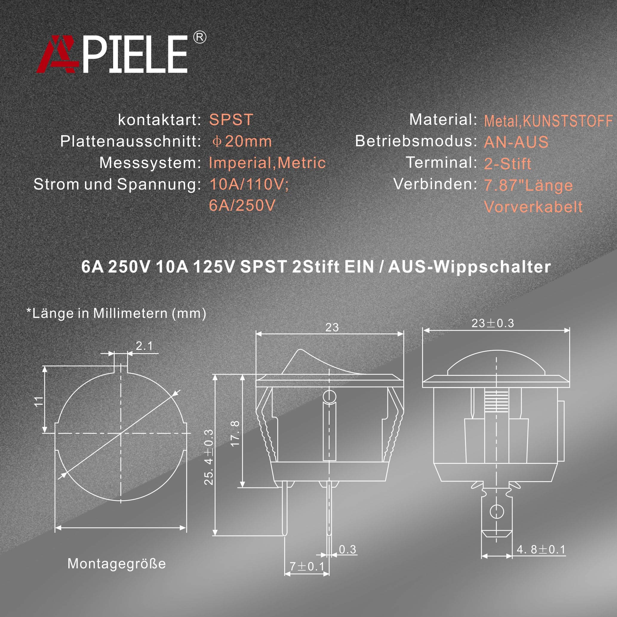 APIELE KCD1-2-103 Lot De 6 Interrupteurs à Bascule 3 Positions ON-OFF Avec SPDT 3 Broches 250 V 6 A Pour Maisons, Industrie, Bricolage (ON-OFF-ON, Noir
