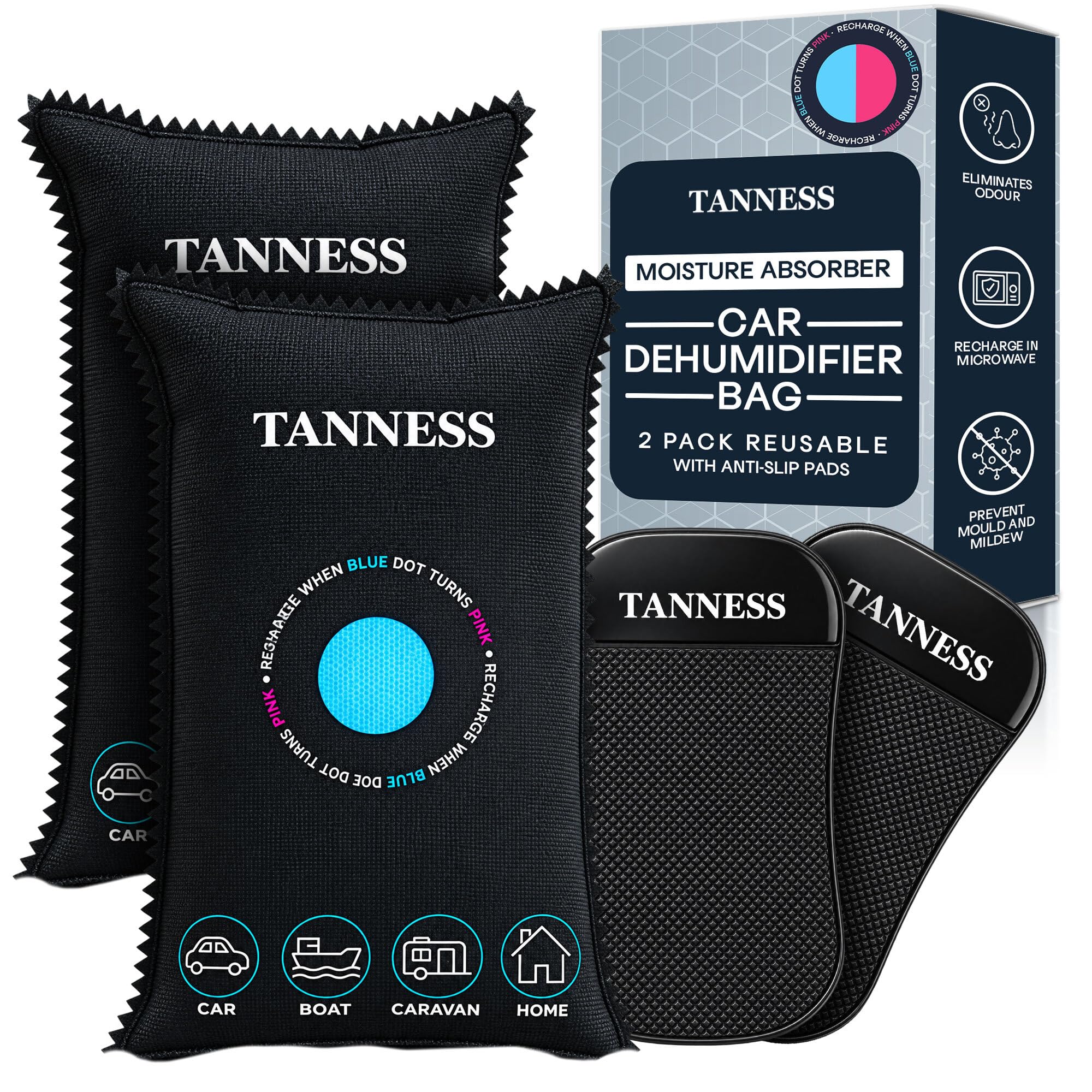 Tanness 2 Pack x 1kg Car Dehumidifier Bags with Anti-Slip Pads - Essential Car Accessories, Moisture Absorber, Reusable, Recharges in Microwave - Multipurpose for Home, All Spaces & Vehicles — image 1
