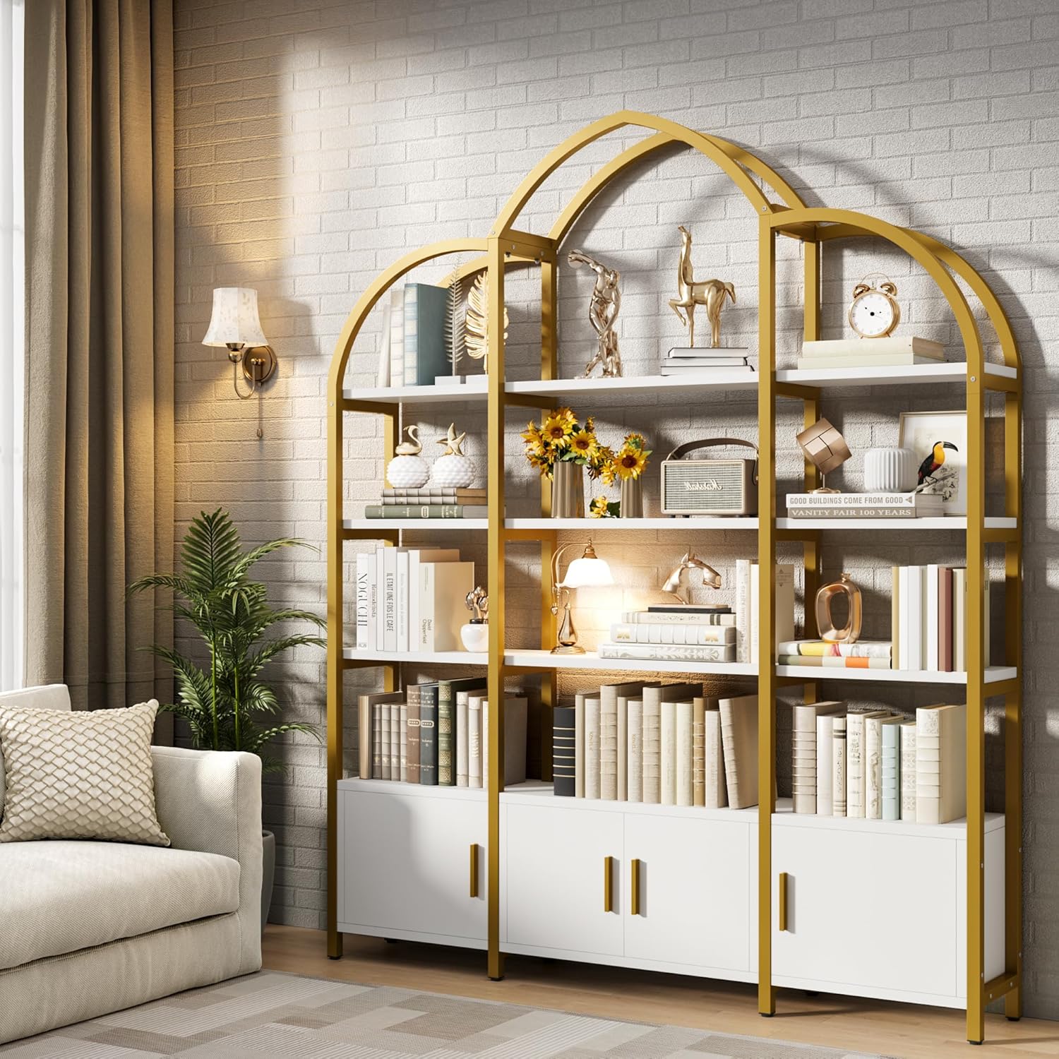 Tall Arched Bookshelf and Bookcase with 3 Cabinets, Triple Wide 5 Tier Industrial Etagere Open Bookshelf, Wood Book Shelf for Bedroom Living Room (Gold and White)