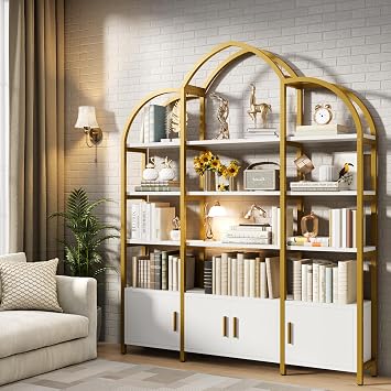 kepptory Tall Arched Bookshelf and Bookcase with 3 Cabinets, Triple Wide 5 Tier Industrial Etagere Open Bookshelf, Wood Book Shelf for Bedroom Living Room Gold and White