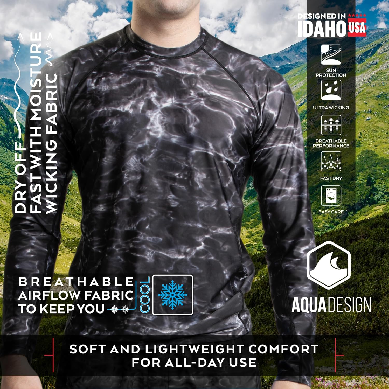 Aqua Design Mens Rash Guard Long Sleeve Water Shirt, Swimming Shirts for Men