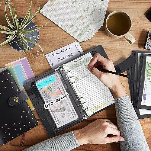 Miniatura 5 de Organizador de dinero A6, kit de planificador de presupuesto de 6 anillos con sobres de efectivo, repuesto de presupuesto, organizadores de