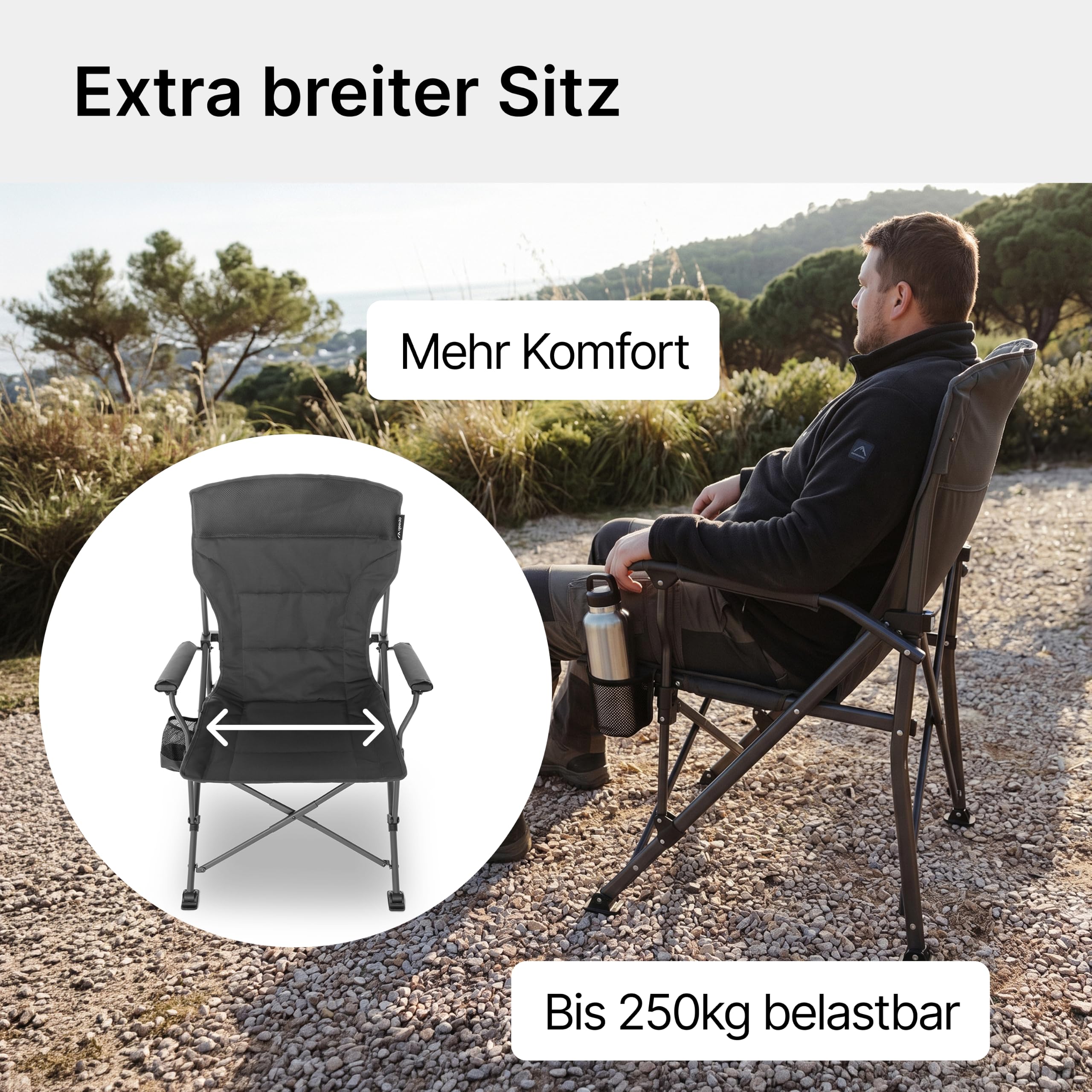 qeedo Johnny Jumbo, Stabiler XXL Campingstuhl bis 250 kg belastbar, mit Armlehnen, Getränkehalter, Kühltasche und robustem Stahlgestänge, Angelstuhl, faltbar, langlebig