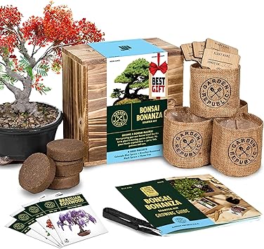 Garden Republic Bonsai Tree Kit - Mini Bonsai Seeds, 4 Types - Seed Starter Plant Growing Kit - Potting Soil Jute Bags Pruning Shears Scissor Tool Plant Markers - Gardening Gifts