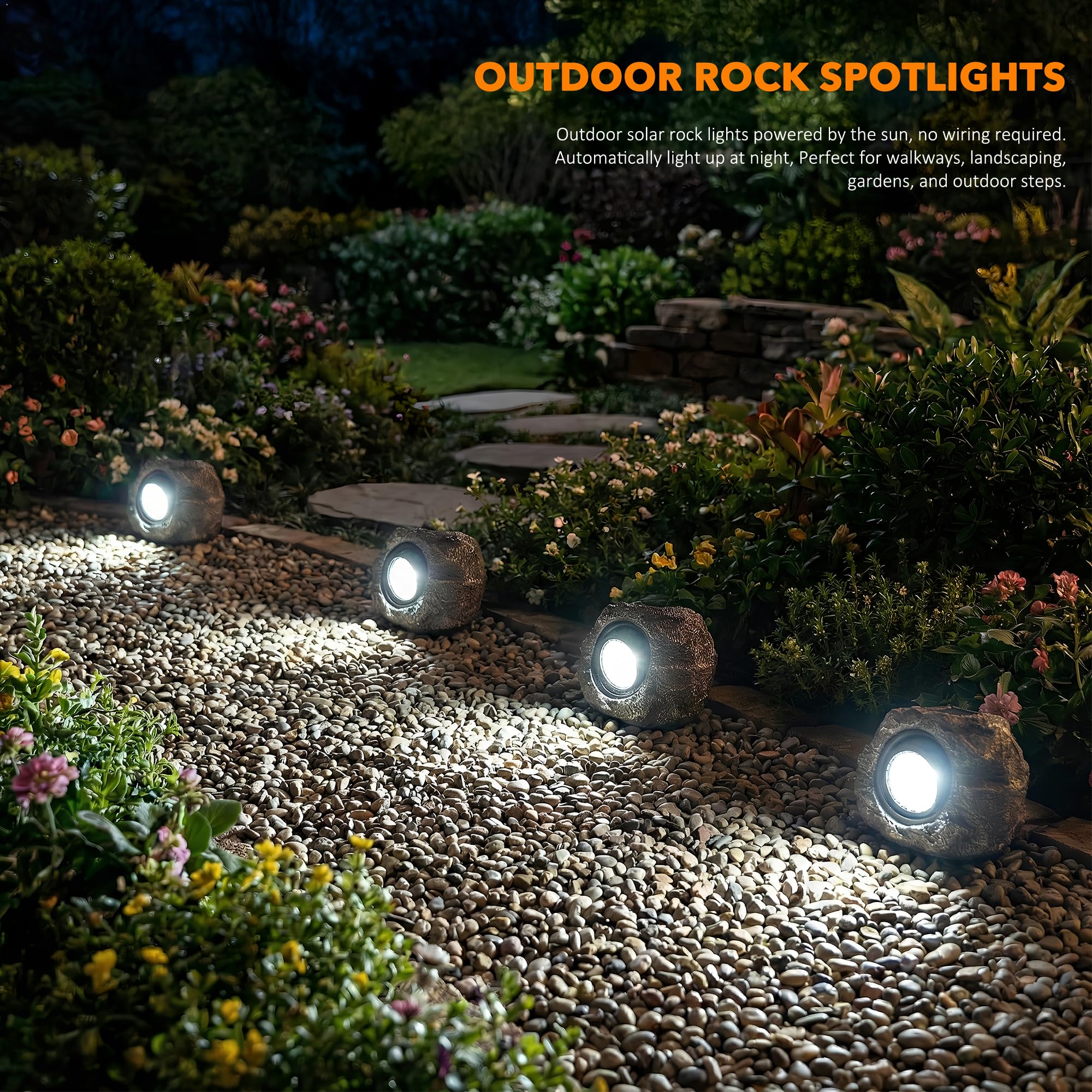 VISFLAIR Luci solari a forma di roccia, confezione da 4 faretti a LED a energia solare, impermeabili, decorativi per giardino, vialetto, vialetto, cortile, paesaggio, patio