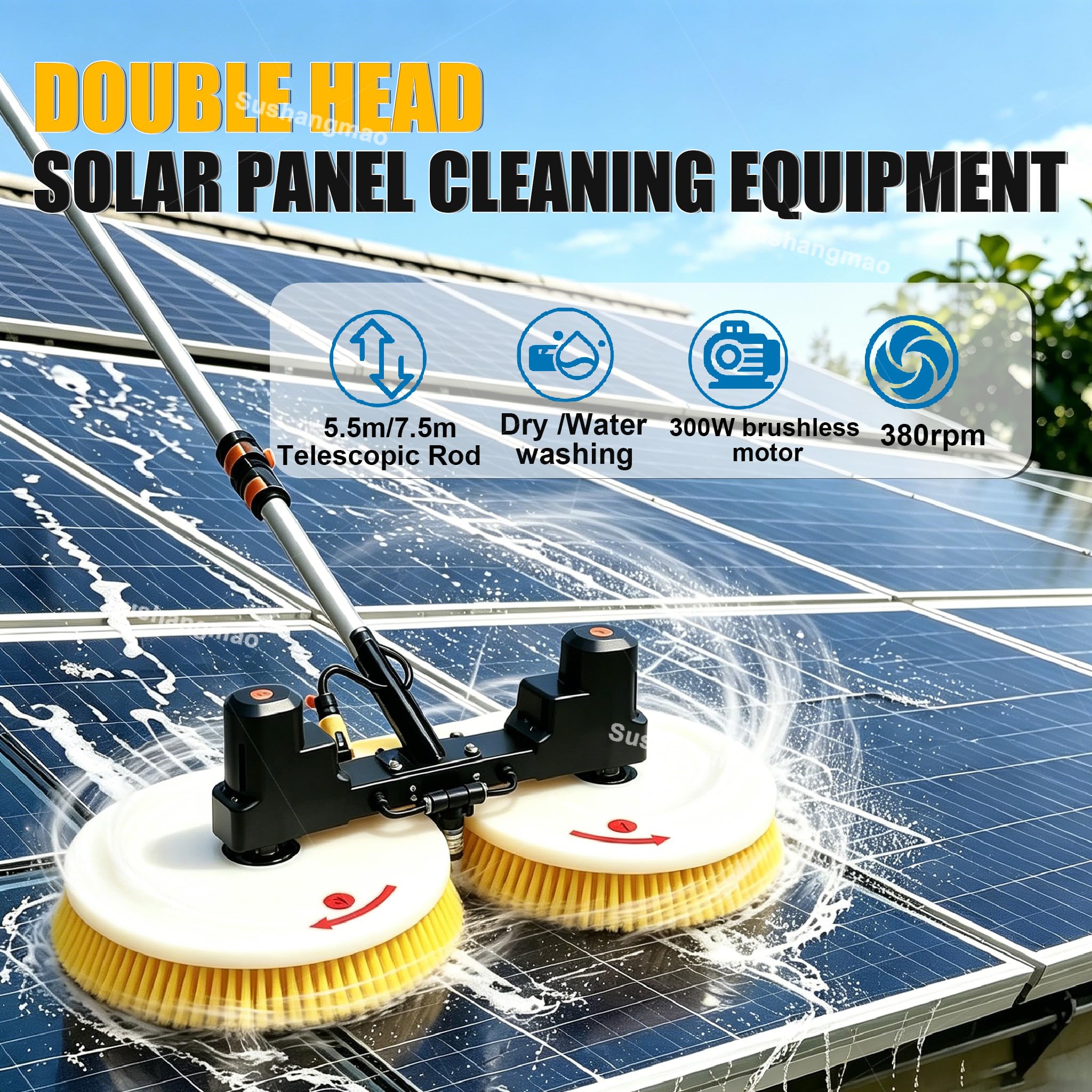 Kit de poste de alimentación de agua – Cepillo de limpieza de panel solar, 300 W de doble disco de 64 cm, ajustable de 5,5 m/7,5 m para limpiar paneles, ventanas, caravanas, carteles