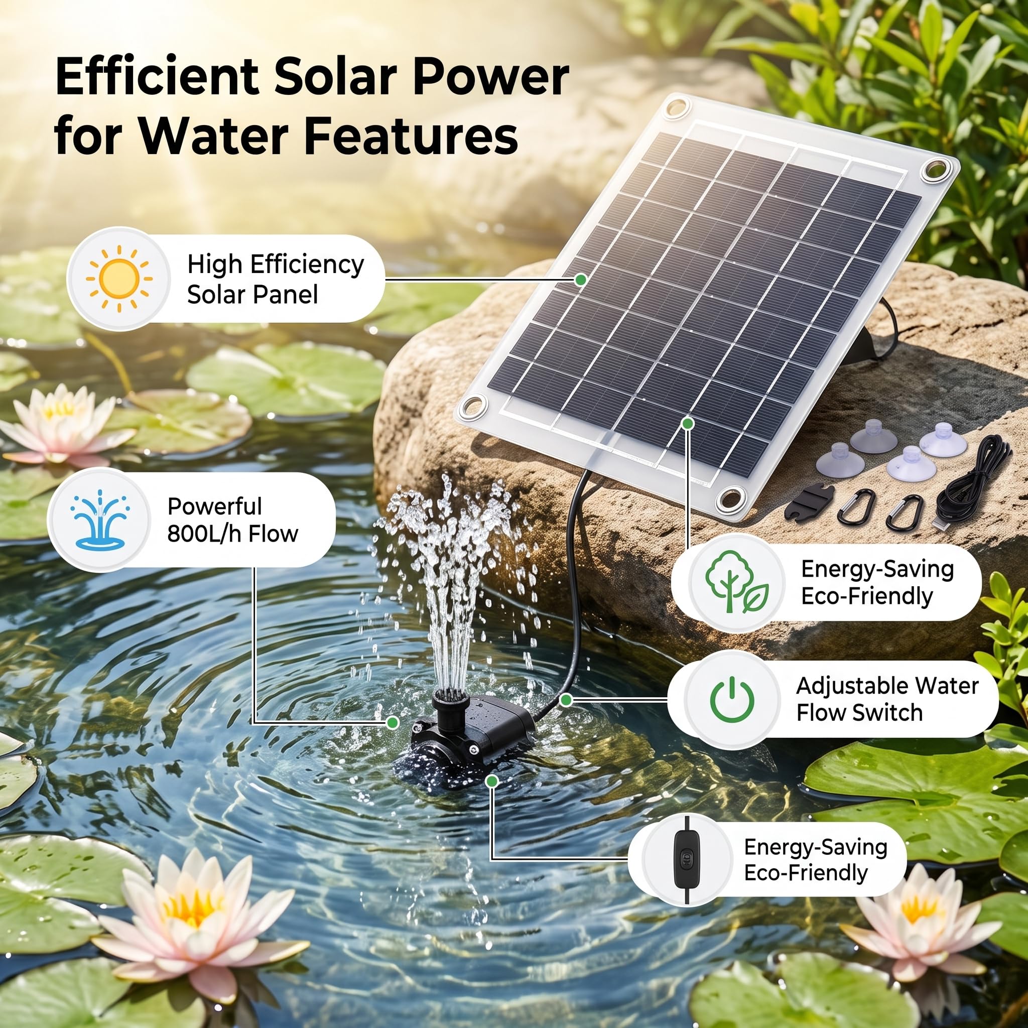 FTVOGUE Kit de Pompe à Eau Solaire 20 W Submersible pour L'irrigation de Bassin de Fontaine avec Interrupteur de Débit Réglable 800 L/h 5 M Panneau Monocristallin Interface USB