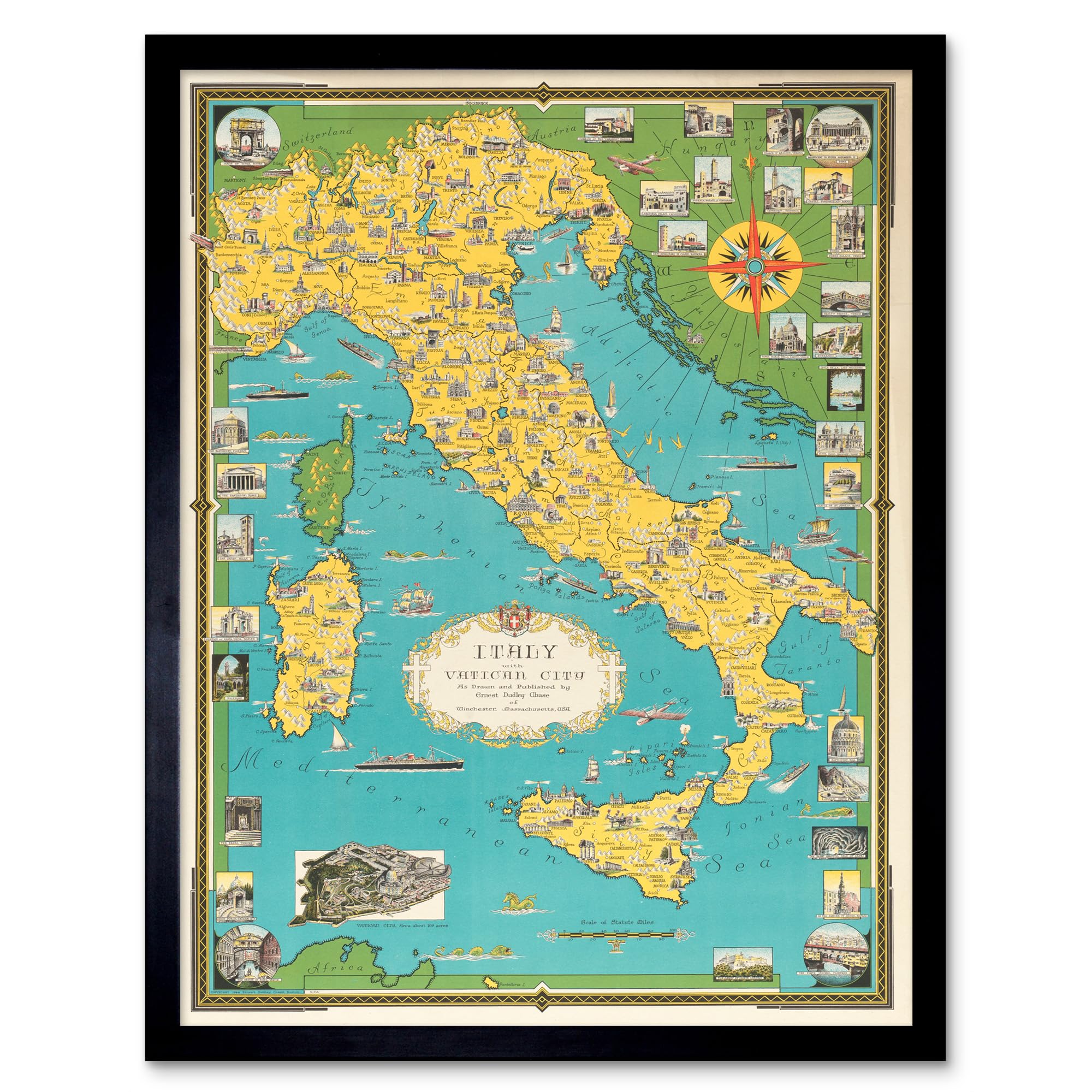 Chase 1944 Pictorial Map Italy Vatican City Art Print Framed Poster Wall Decor 12x16 inch