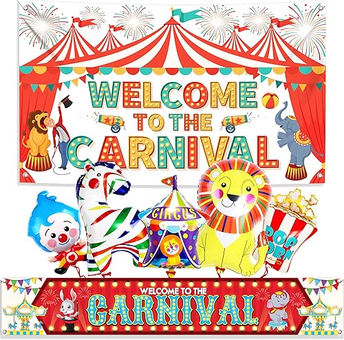 Cartel de bienvenida al carnaval, 72 x 44 pulgadas, telón de fondo de carnaval para decoraciones de fiestas temáticas de carnaval, juego de globos