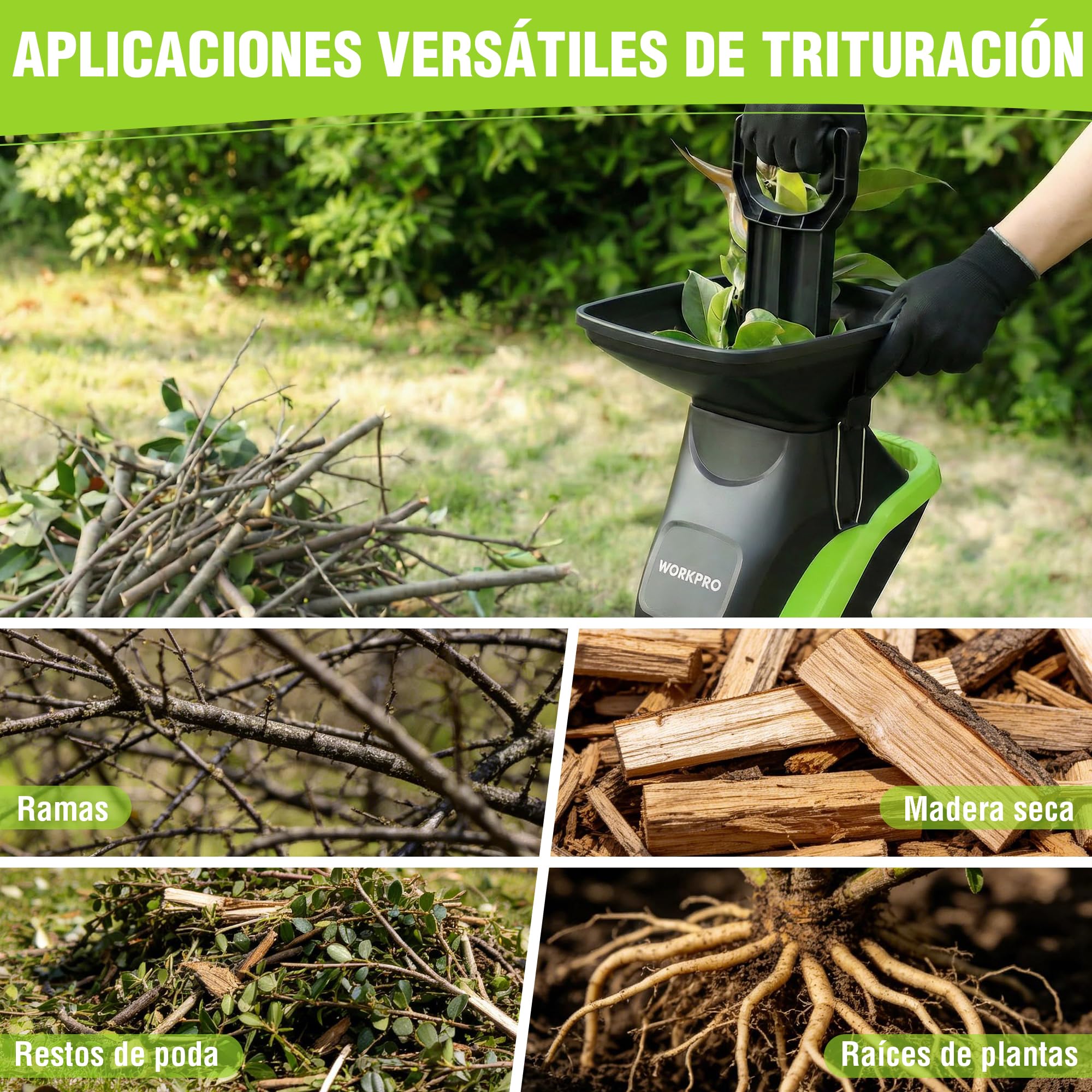 WORKPRO Trituradora de Jardin Eléctrica Cuchillas 2500W con Tijeras de Podar, Biotrituradora de Ramas Ø44 mm, 4300 RPM, Trituradora de Hojas con 2 Bolsas de 45 L, Trituradora para Residuos de Jardín