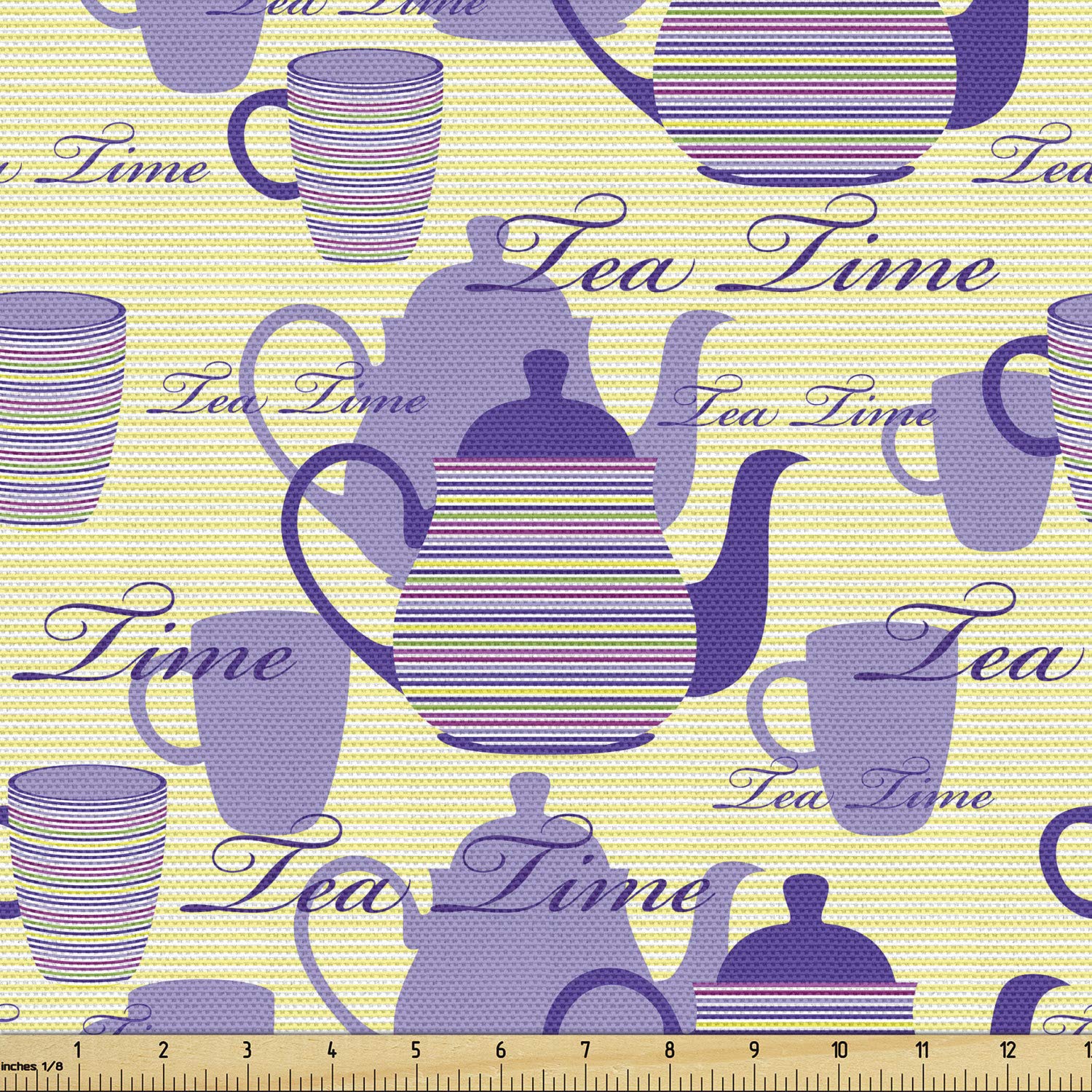 Ambesonne Tea Party Fabric by The Yard, Striped Teapots Cups Silhouettes Classical Calligraphy Pattern, Decorative Fabric for Upholstery and Home Accents, 3 Yards, Yellow Lavender