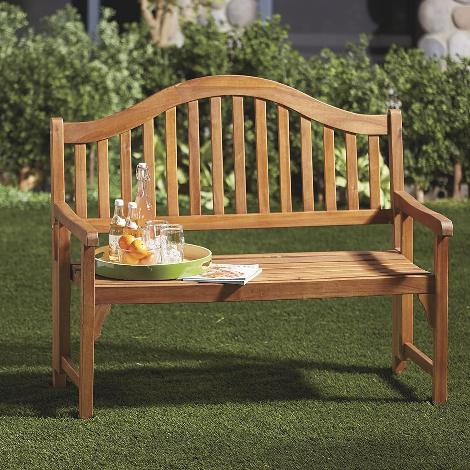 Patio Wise Foldable Acacia Wood Garden Bench, 4 Foot Indoor/Outdoor Wooden Porch, Patio, & Park Seating, Curved Backrest and Armrest, 48" Wide x 24-3/4" Deep x 41" High, Teak Color