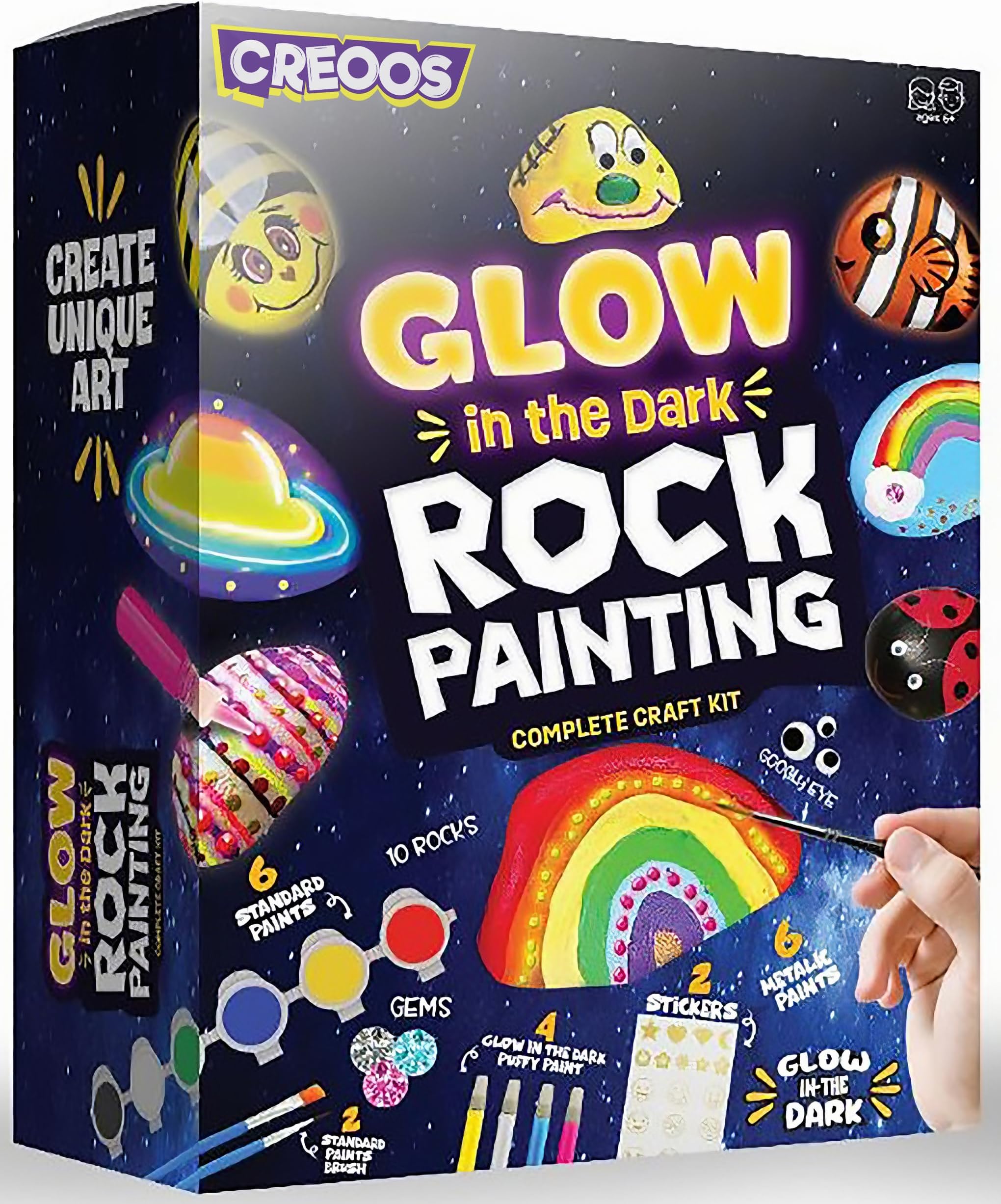Creoos Rock Painting Kit for Kids Glow in The Dark Arts and Crafts Toys 12 Acrylic Paint 10 Rocks Stickers Gems Craft Summer Activities Kits Art Set DIY Supplies Birthday Gifts Toys for Girls and Boys